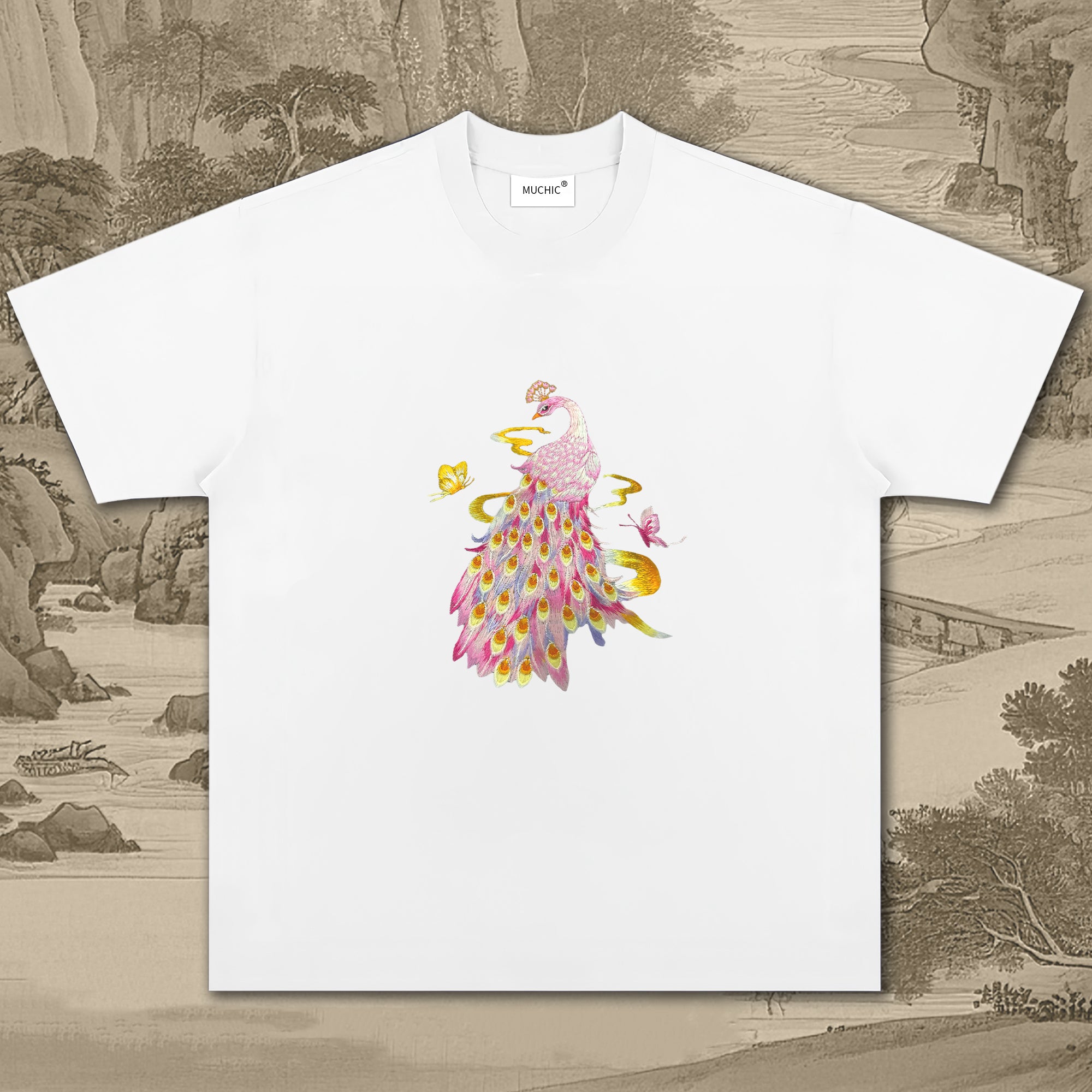 Unisex Intangible Cultural Heritage Pink Peacock Embroidery T-shirt (hand-embroidered)(duty free)