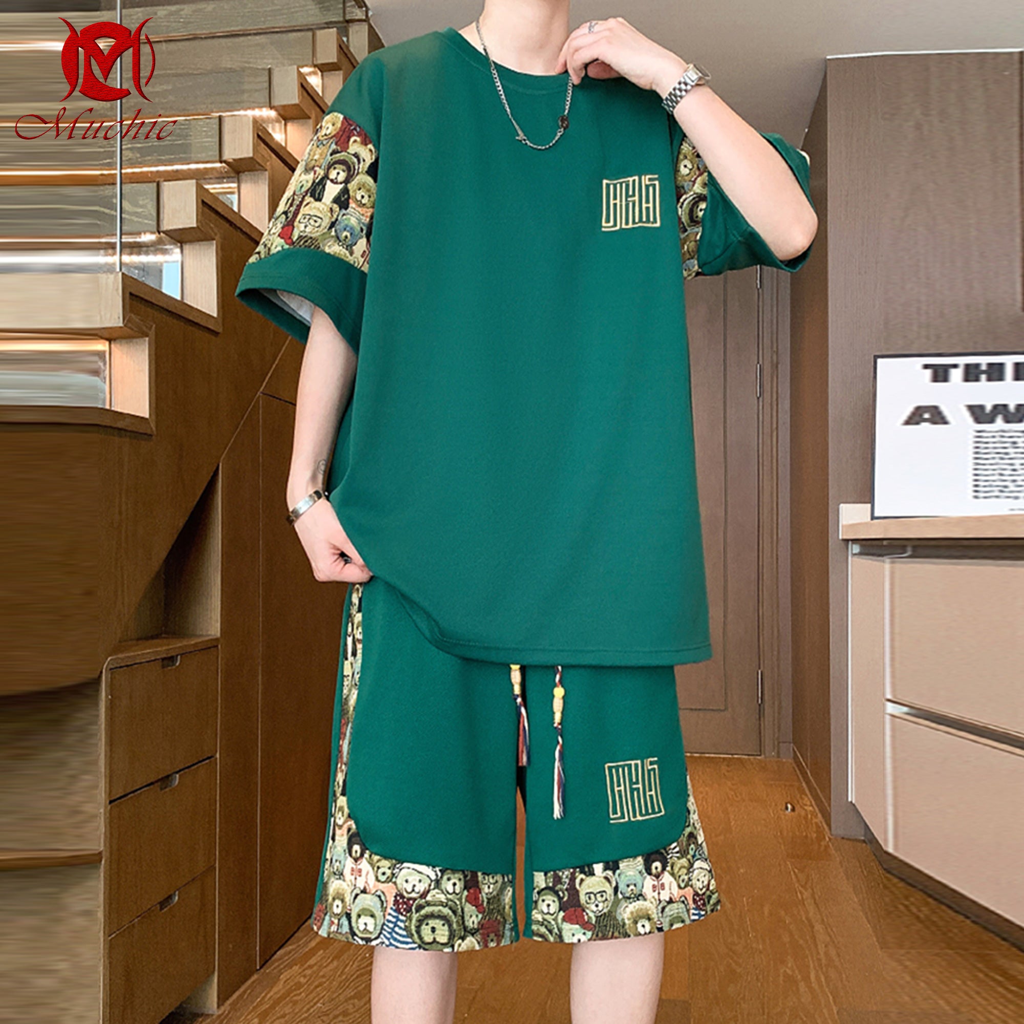 Men's summer suit new Chinese style leisure sports loose large size trendy short-sleeved shorts (Duty Free)
