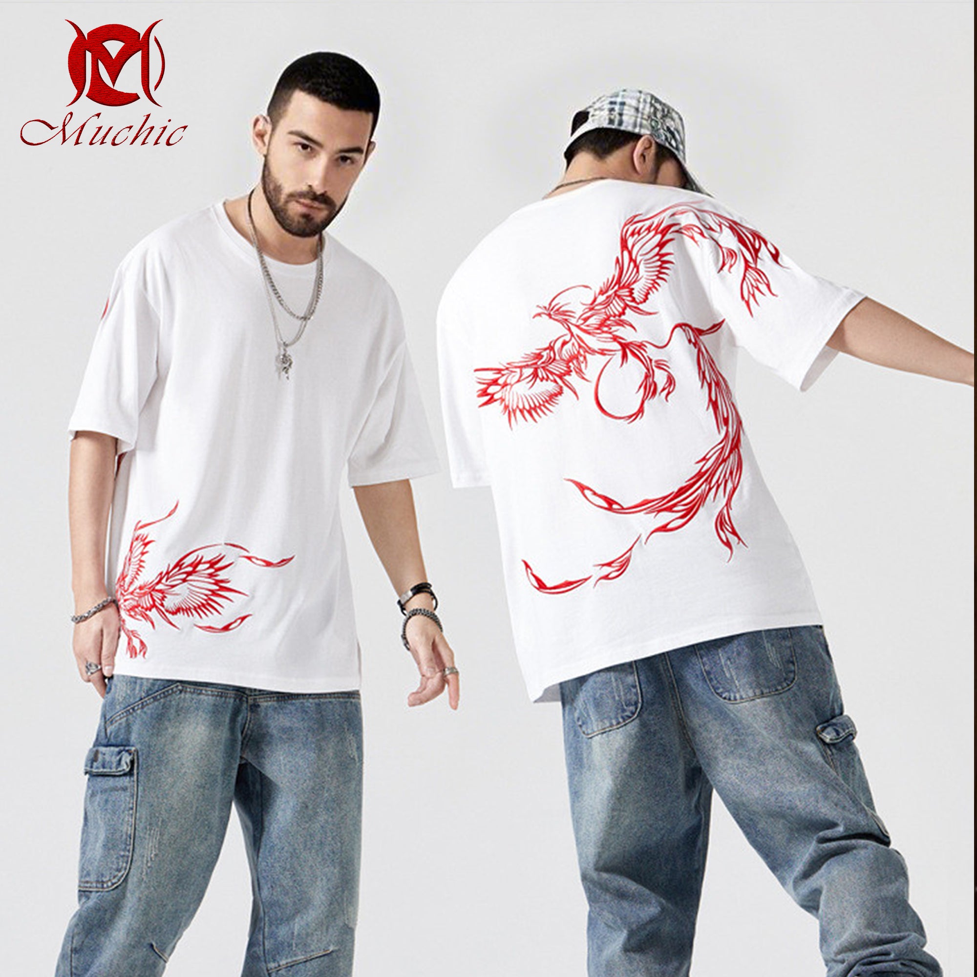 Unisex Intangible Cultural Heritage Phoenix Embroidered T-shirt (Hand Embroidery)(duty free)