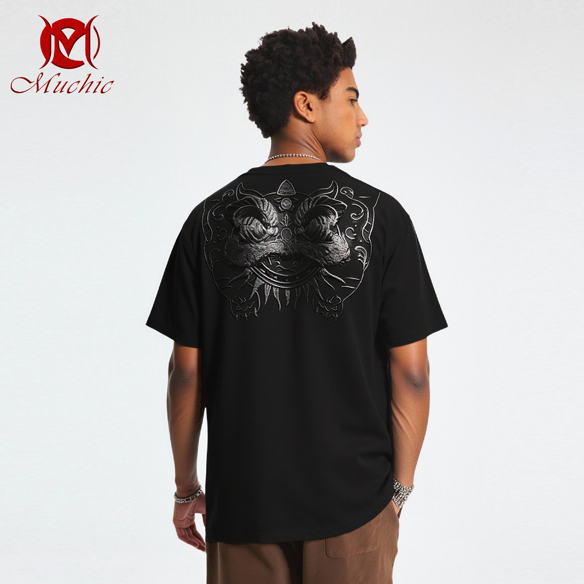 Unisex Intangible Cultural Heritage Lion Dance Embroidery T-shirt(Hand Embroidered) (Duty Free)