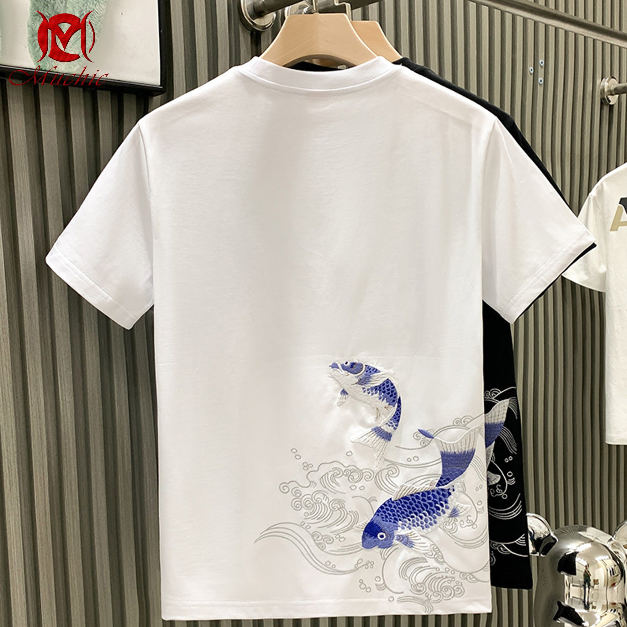 Unisex Intangible Cultural Heritage Koi Carp Embroidery T-shirt(Hand Embroidered) (Duty Free)