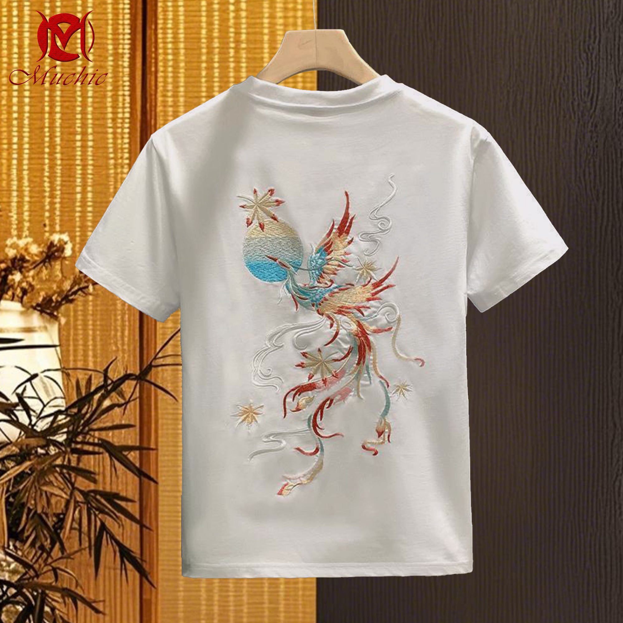 Unisex "Intangible Cultural Heritage Phoenix Flying to the Sun" embroidered T-shirt (Hand Embroidered)(duty free)
