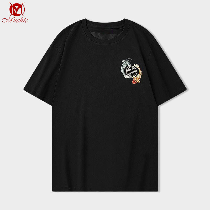 Unisex Intangible Cultural Heritage Koi Carp Embroidery T-shirt(Hand Embroidered) (Duty Free)