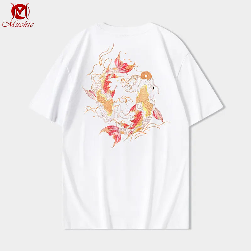 Unisex Intangible Cultural Heritage Koi Carp Embroidery T-shirt(Hand Embroidered) (Duty Free)