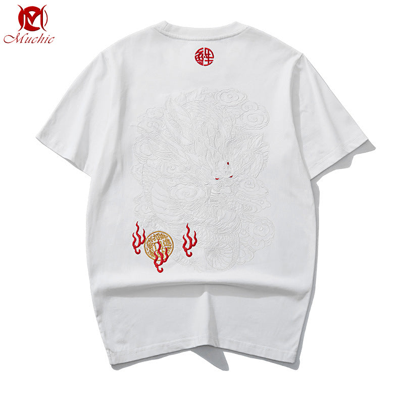 Unisex Intangible Cultural Heritage Copper money Dragon Embroidery T-shirt(Hand Embroidered) (Duty Free)