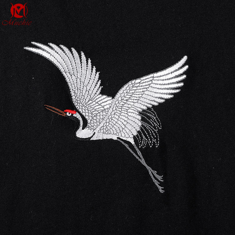 Unisex Intangible Cultural Heritage Red-Crowned Crane Embroidery T-shirt(Hand Embroidered) (Duty Free)
