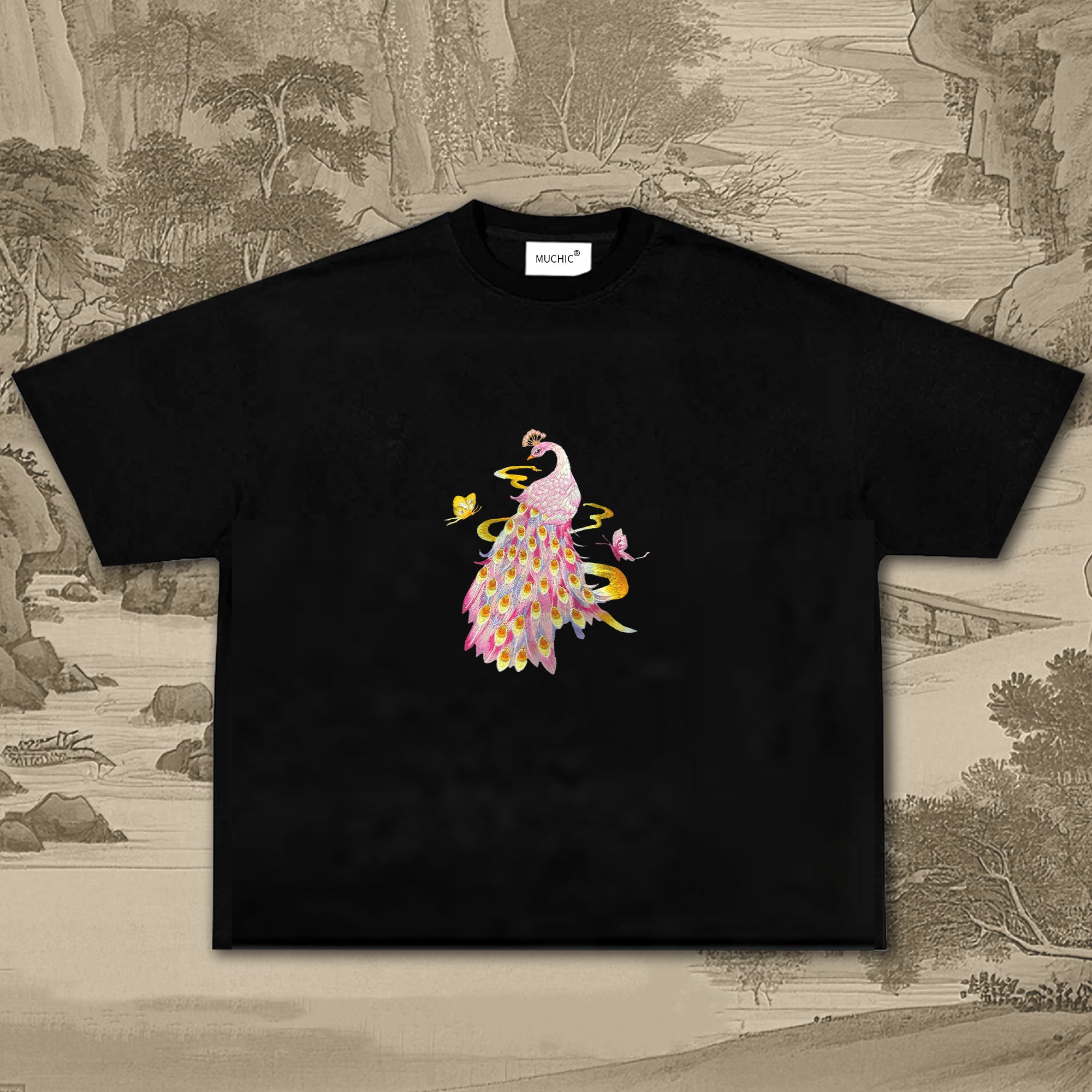 Unisex Intangible Cultural Heritage Pink Peacock Embroidery T-shirt (hand-embroidered)(duty free)