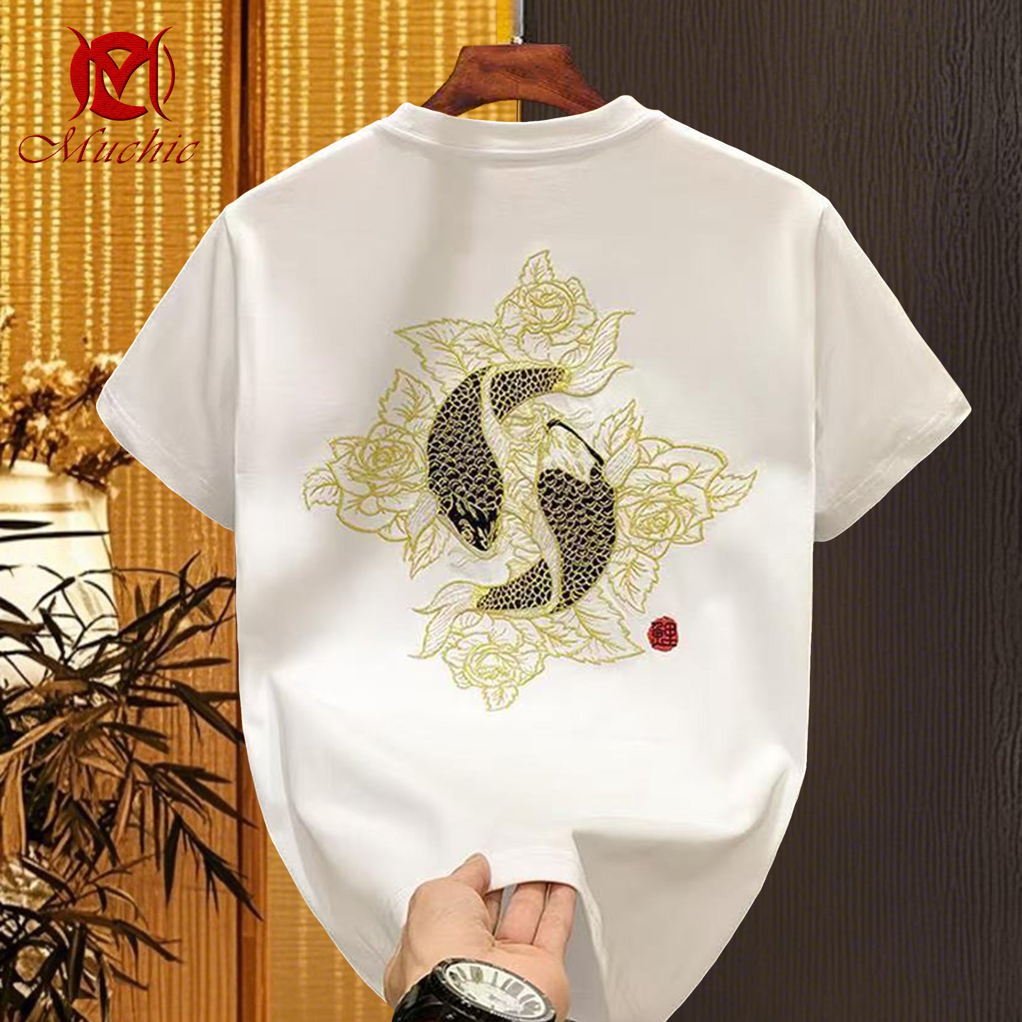 Unisex Intangible Cultural Heritage Twin Goldfish Embroidered T-shirt(Hand Embroidery)(duty free)