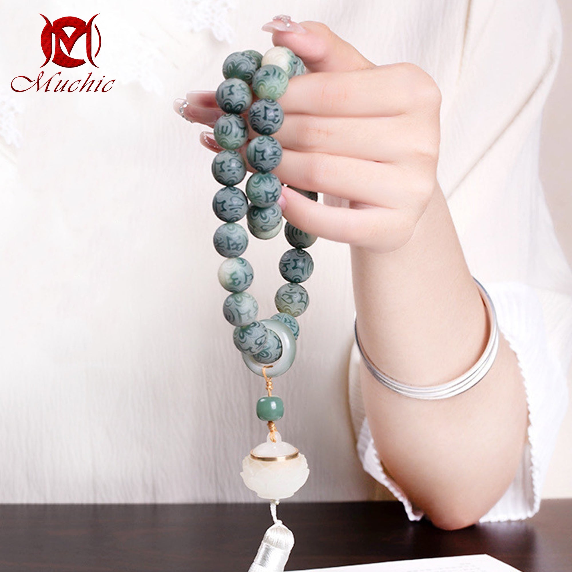 Intangible Cultural Heritage White jade Bodhi six-character mantra rosary for men and women carefully crafted by Chinese craftsmen(duty free)
