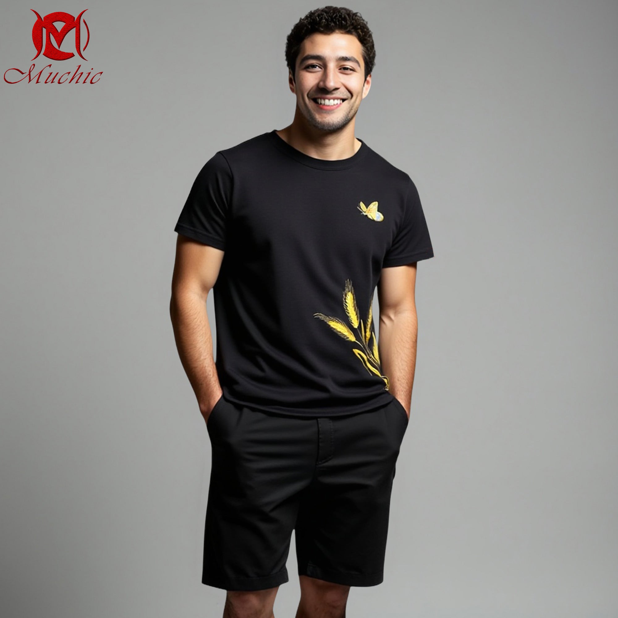 Unisex Intangible Cultural Heritage Wheat Pattern Embroidery Print T-shirt (Hand Embroidery) (Duty Free)