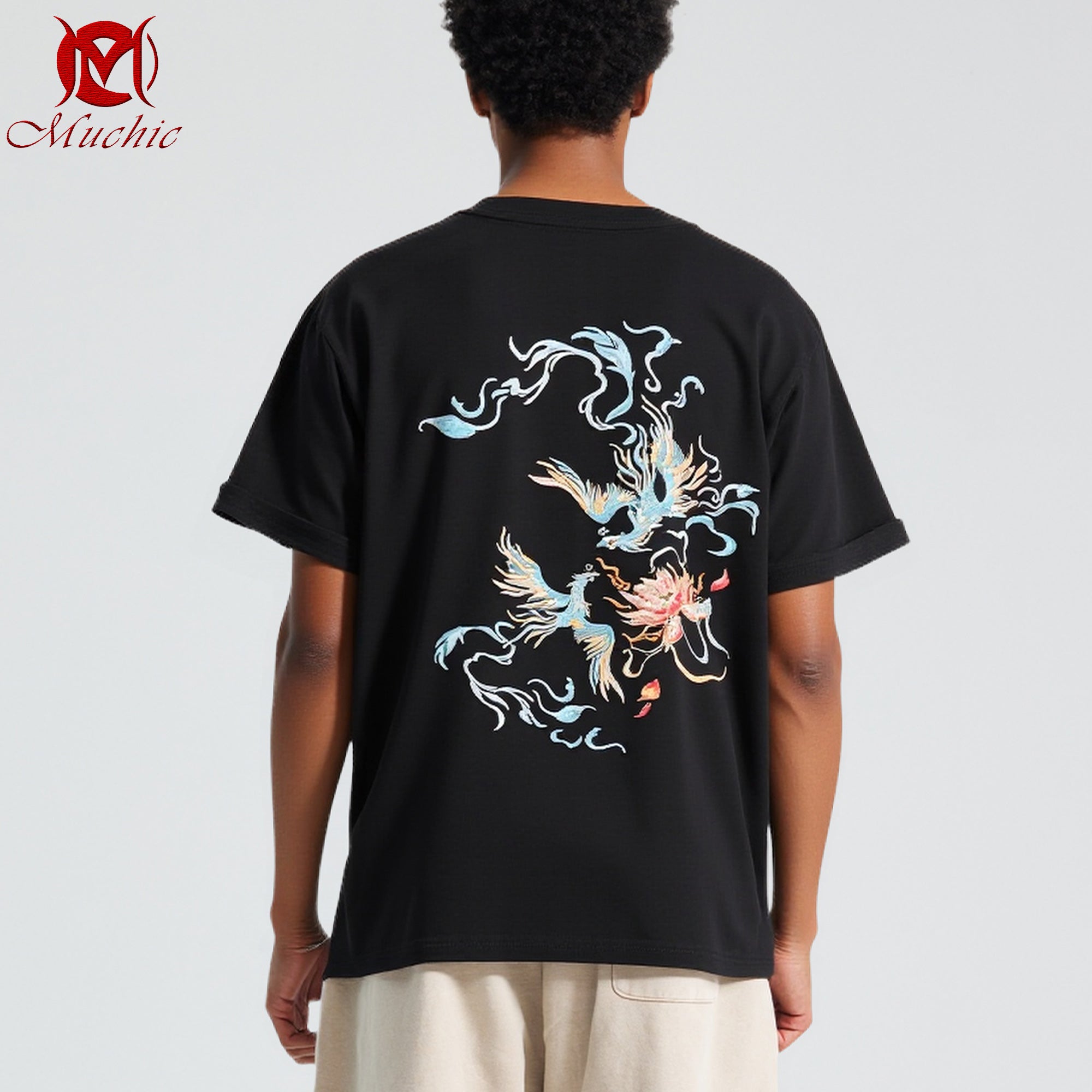 Unisex Intangible Cultural Heritage Double Phoenix Lotus Embroidery Print T-shirt (Hand Embroidery) (Duty Free)