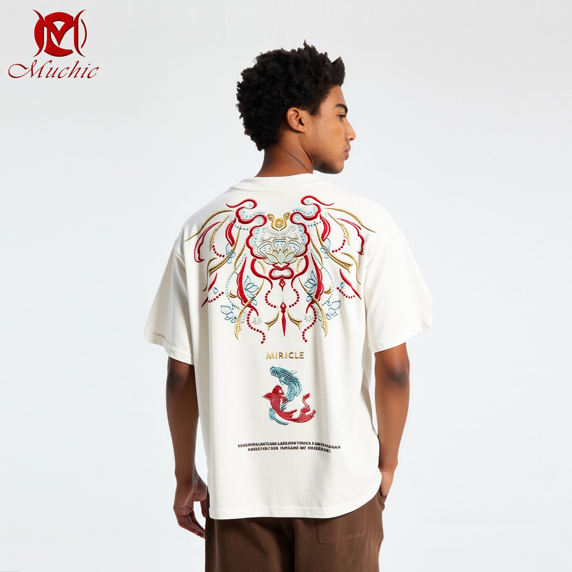 Unisex Intangible Cultural Heritage Double Goldfish Lotus Embroidered T-shirt(Hand Embroidery) (Duty Free)