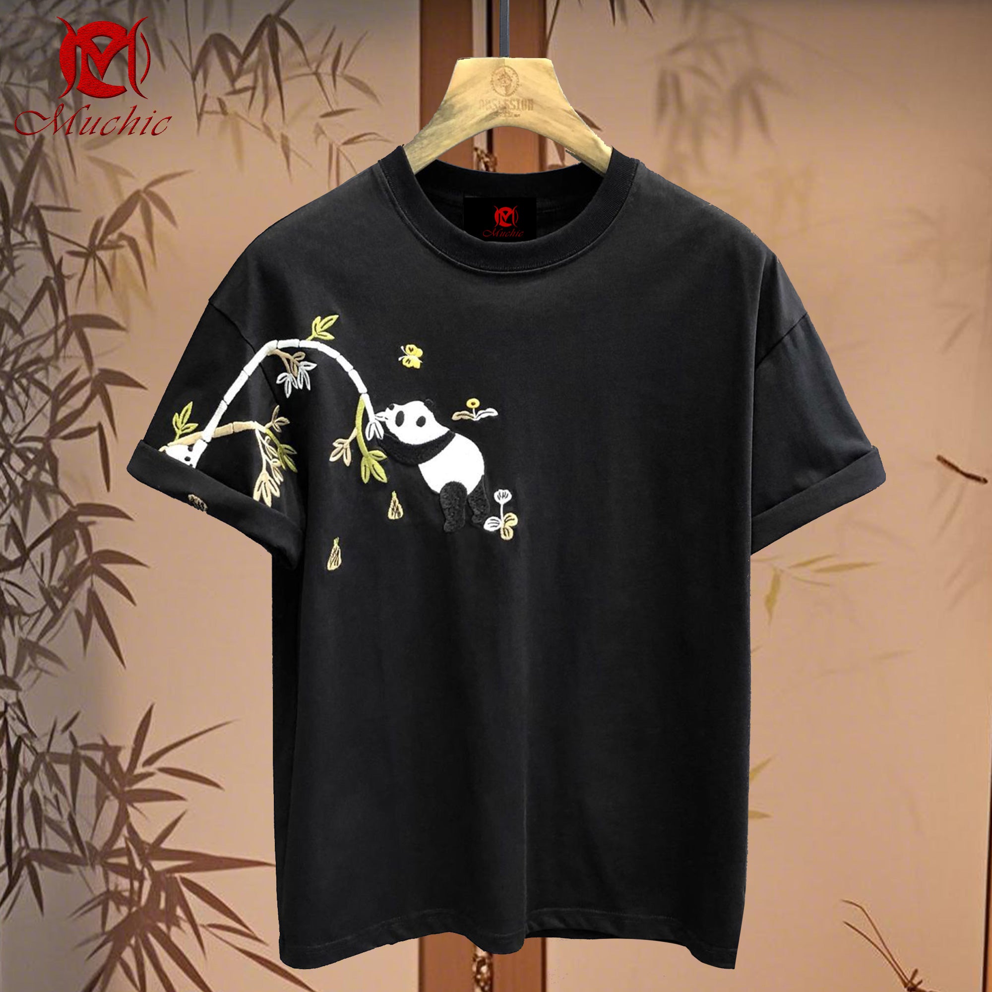 Unisex Intangible Cultural Heritage Panda Bamboo Leaf Embroidery T-shirt (Hand Embroidery) (Duty Free)