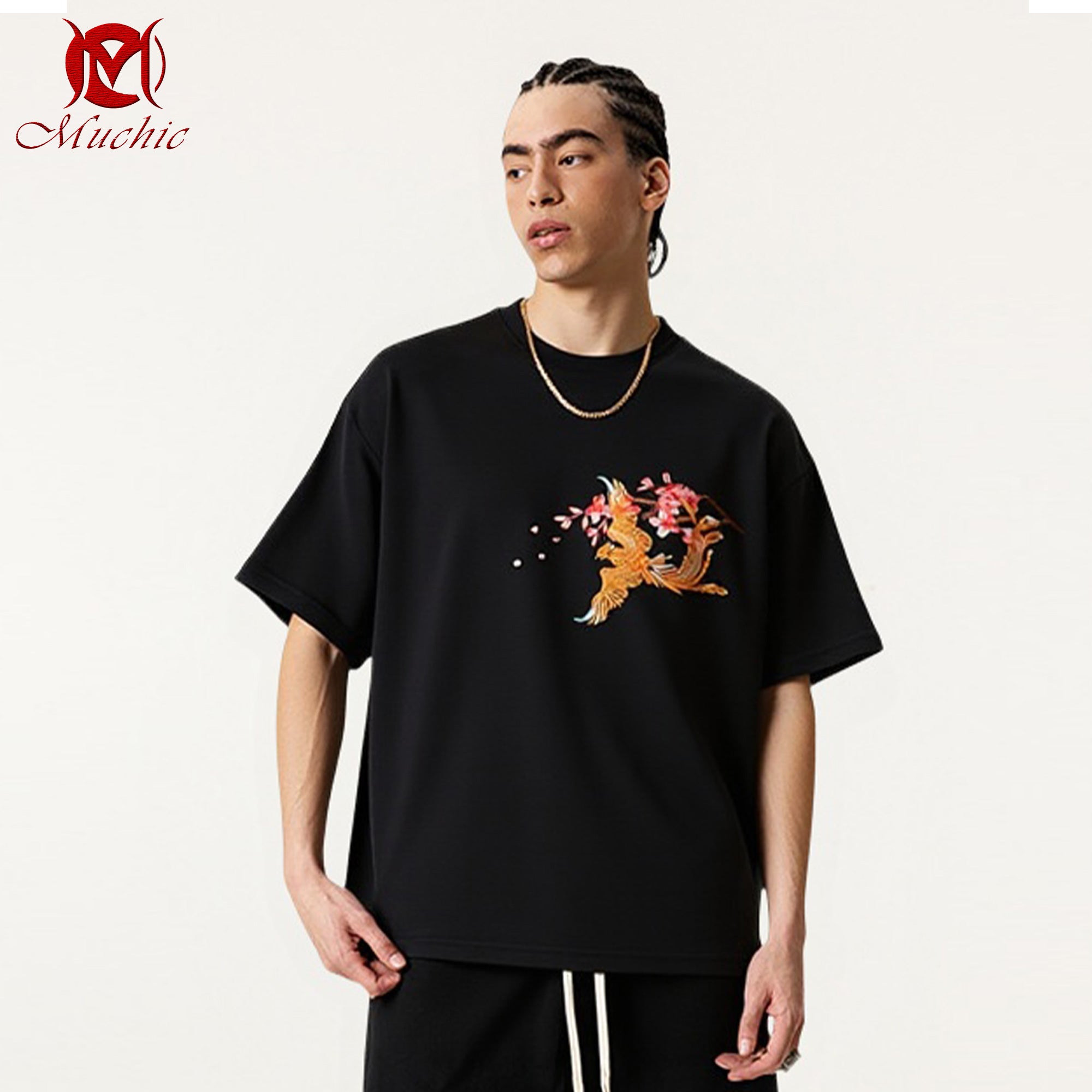 Unisex Intangible Cultural Heritage Double Phoenix Plum Blossom Embroidered T-shirt (Hand-embroidered) (Duty Free)