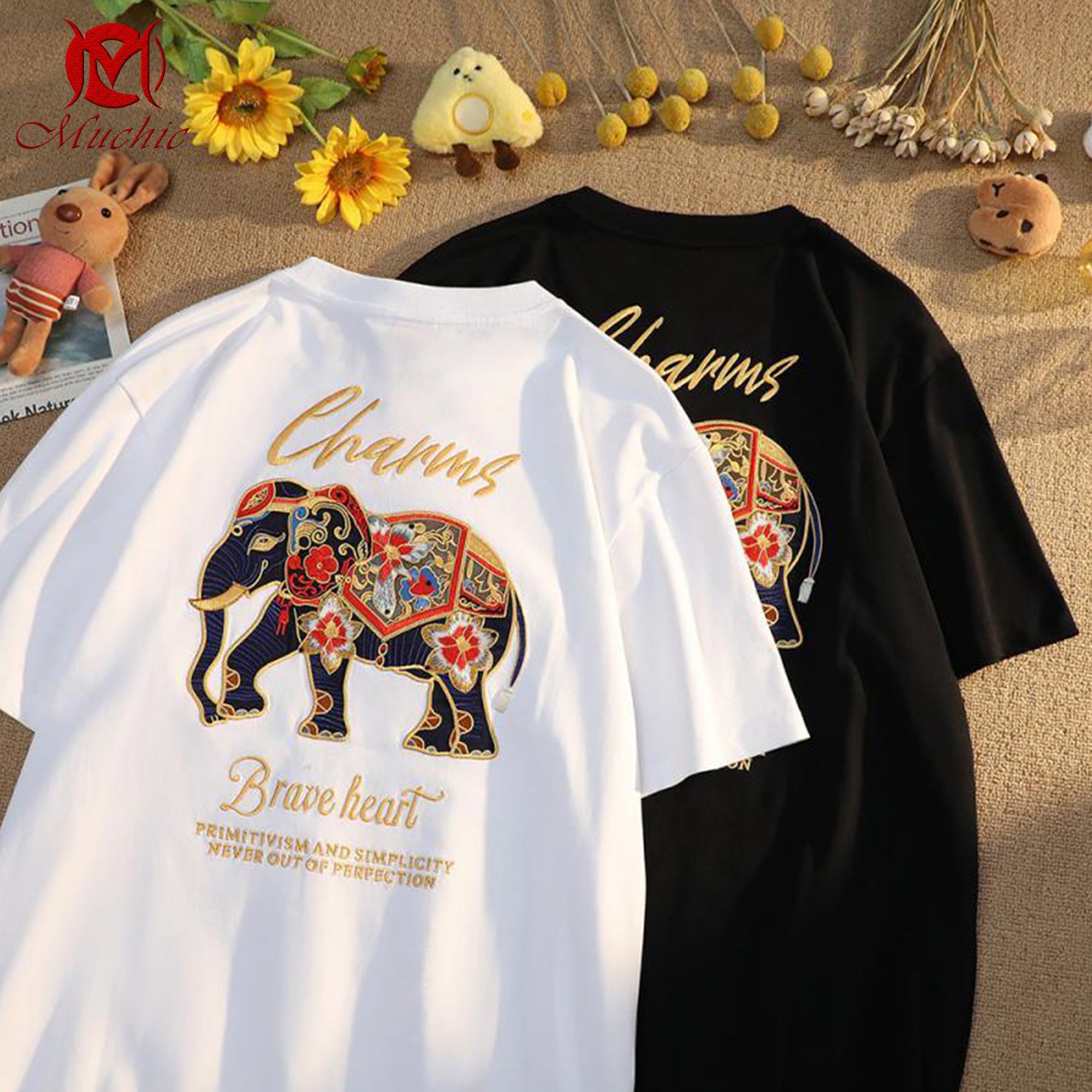 Unisex Intangible Cultural Heritage Elephant Embroidery T-shirt (Hand Embroidery) (Duty Free)