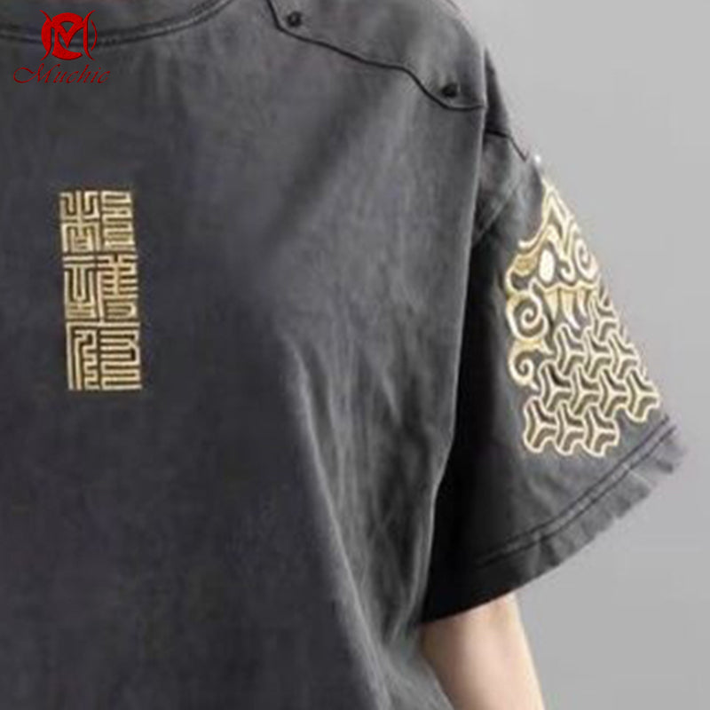 Unisex Intangible Cultural Heritage Fuku Texture Embroidery T-shirt(Hand Embroidered) (Duty Free)