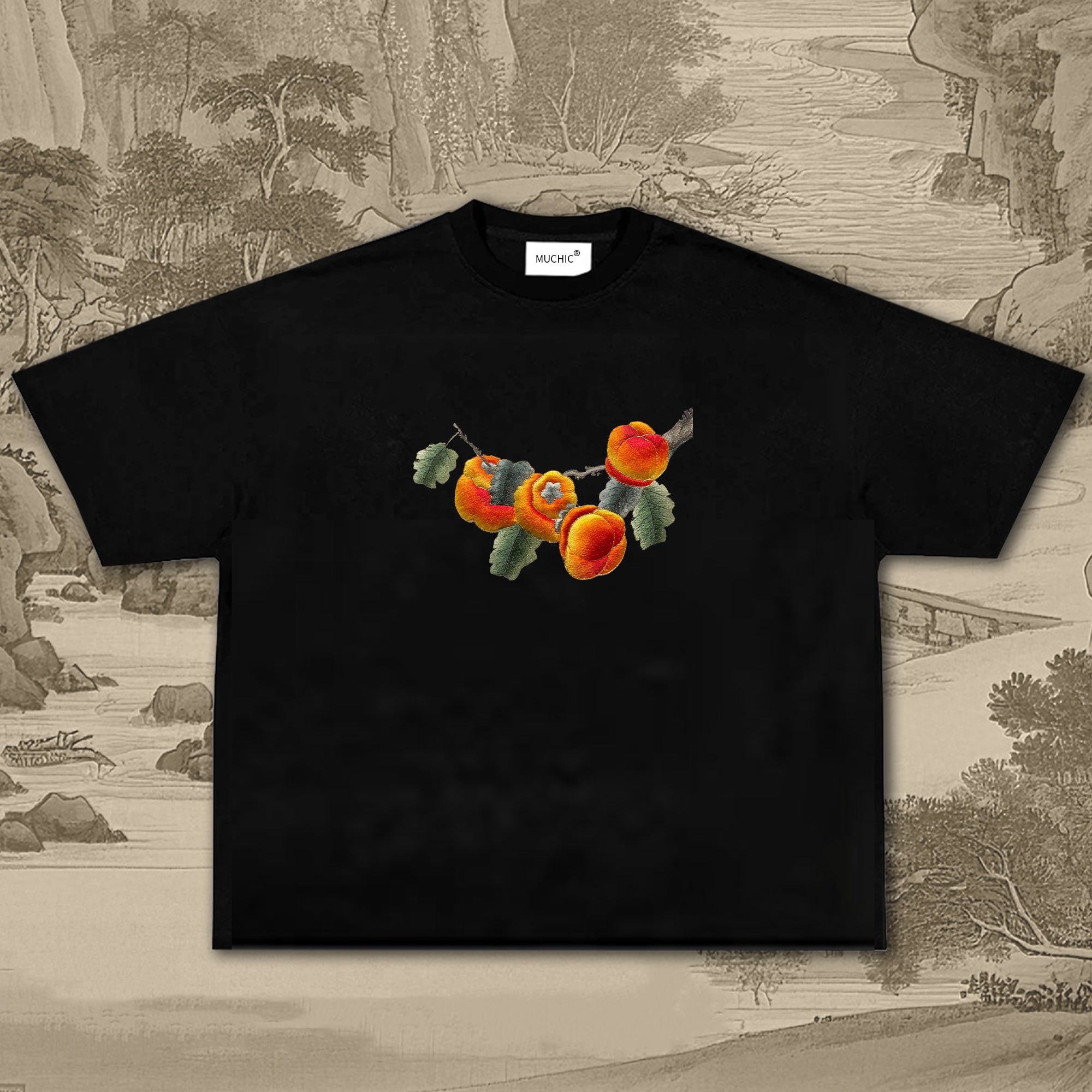 Unisex Intangible Cultural Heritage Persimmon Pattern Embroidered T-shirt (hand embroidery)(duty free)