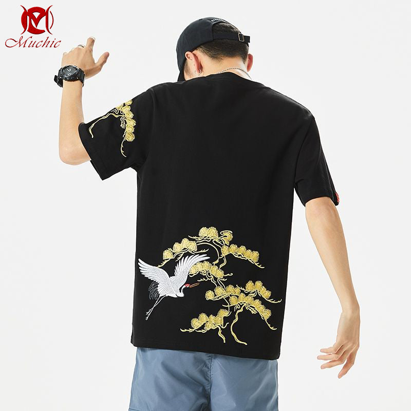 Unisex Intangible Cultural Heritage Red-Crowned Crane Embroidery T-shirt(Hand Embroidered) (Duty Free)
