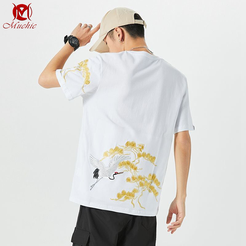 Unisex Intangible Cultural Heritage Red-Crowned Crane Embroidery T-shirt(Hand Embroidered) (Duty Free)