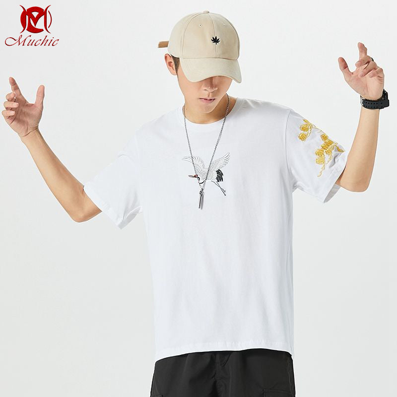 Unisex Intangible Cultural Heritage Red-Crowned Crane Embroidery T-shirt(Hand Embroidered) (Duty Free)