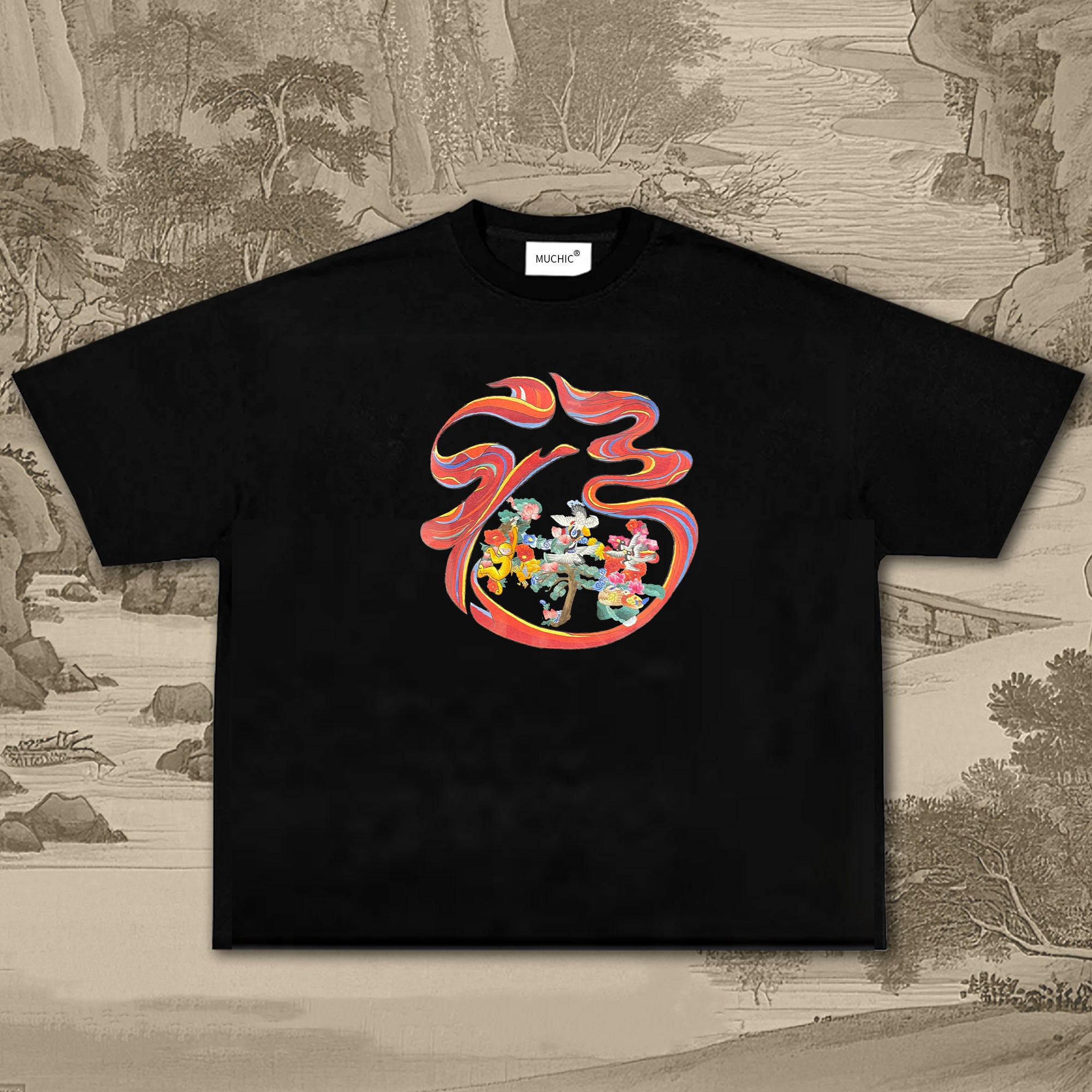 Unisex intangible cultural heritage Fu character embroidered T-shirt (Hand Embroidered)(duty free)