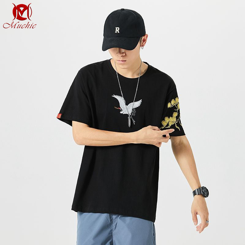 Unisex Intangible Cultural Heritage Red-Crowned Crane Embroidery T-shirt(Hand Embroidered) (Duty Free)