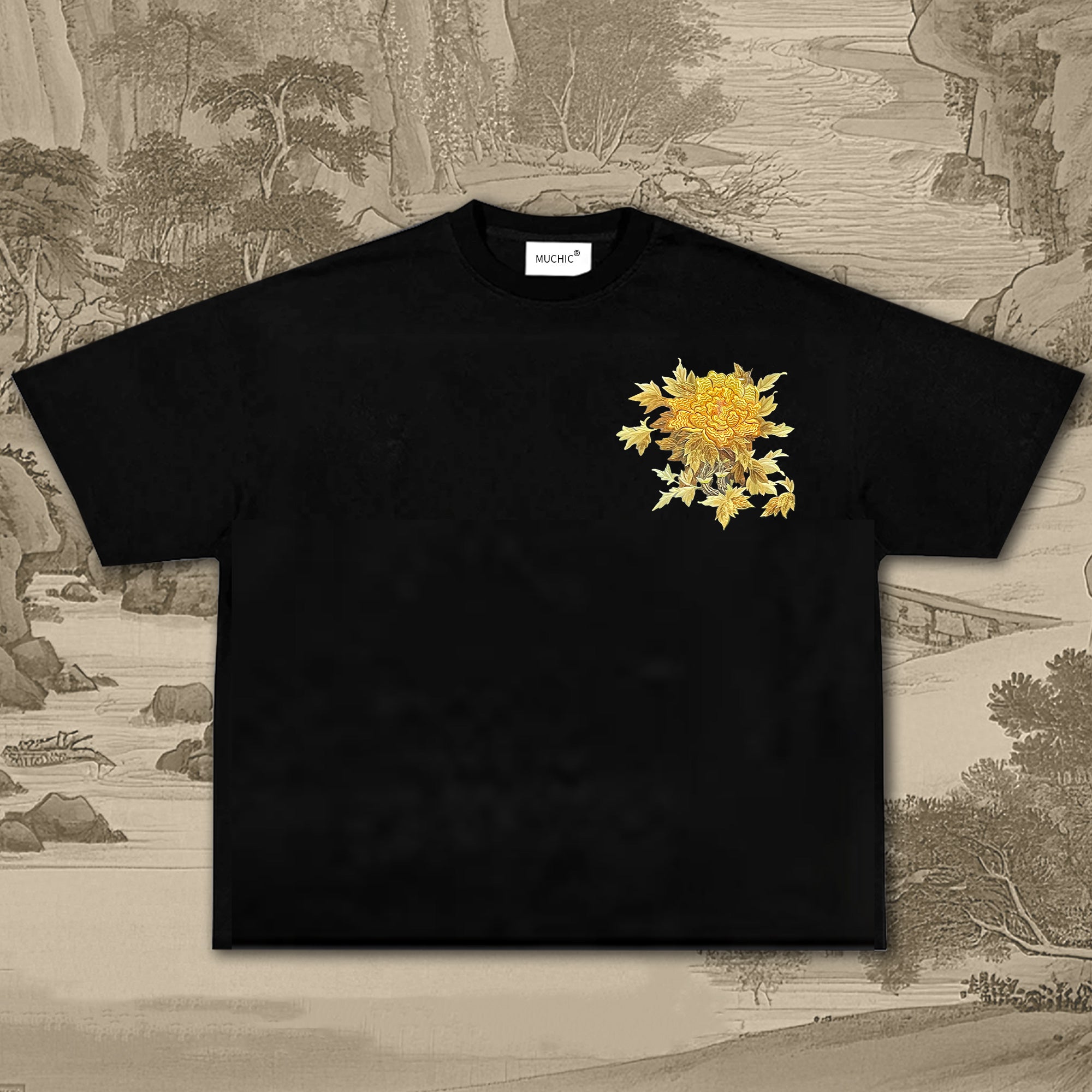 Unisex T-shirt with embroidered intangible cultural heritage gold flower pattern (hand embroidery)(duty free)