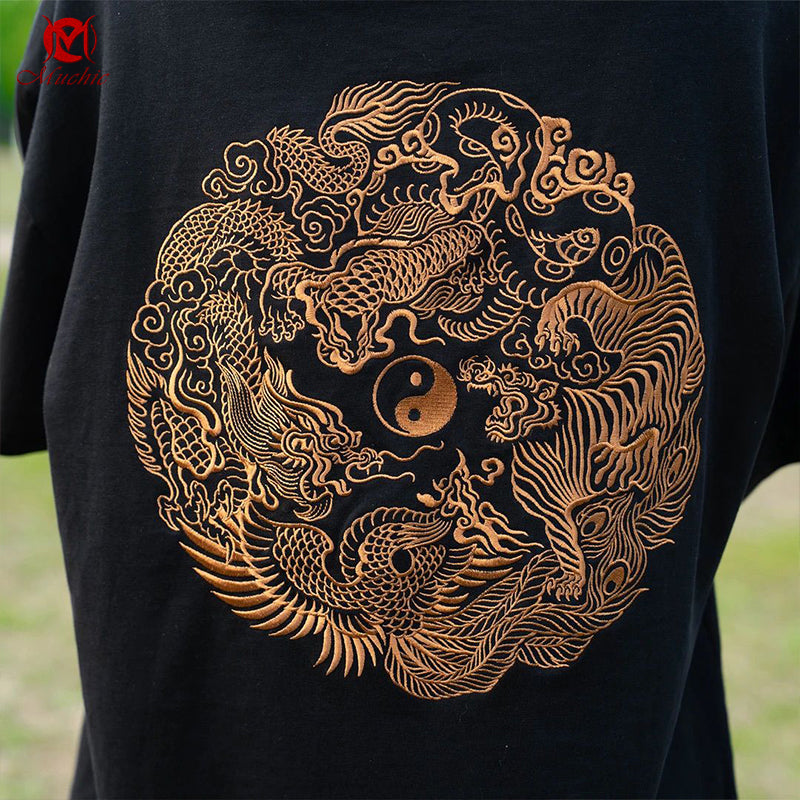 Unisex Intangible Cultural Heritage Four Mythical Beasts Embroidery T-shirt(Hand Embroidered) (Duty Free)