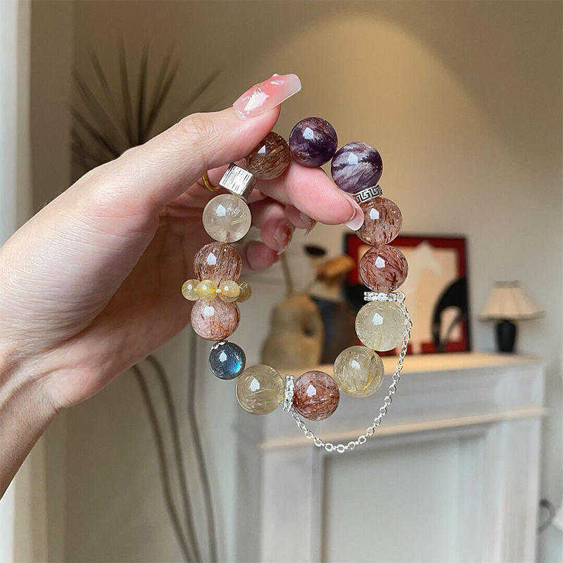 Natural Amethyst Phantom & Moonstone Bracelet – Black Gold Style