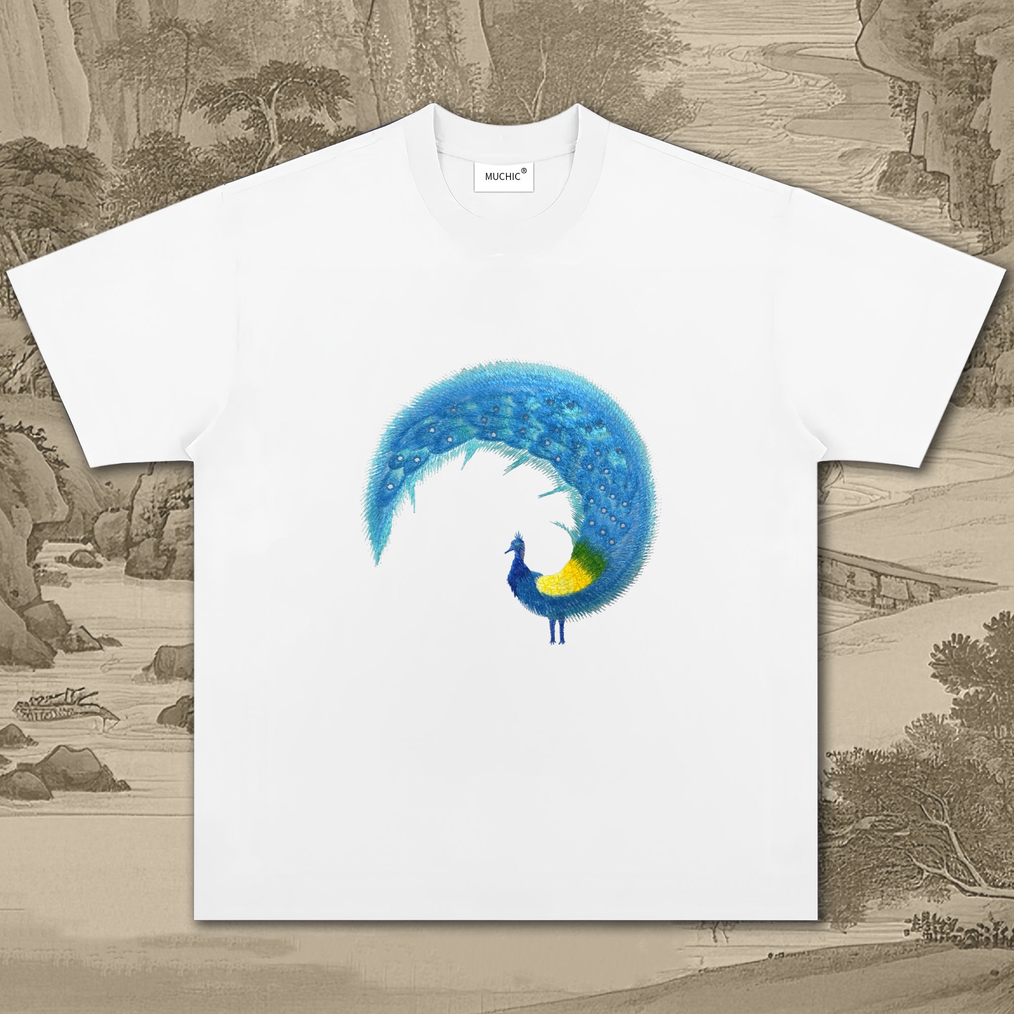 Unisex Intangible Cultural Heritage Blue Peacock Embroidered T-shirt(hand-embroidered)(duty free)