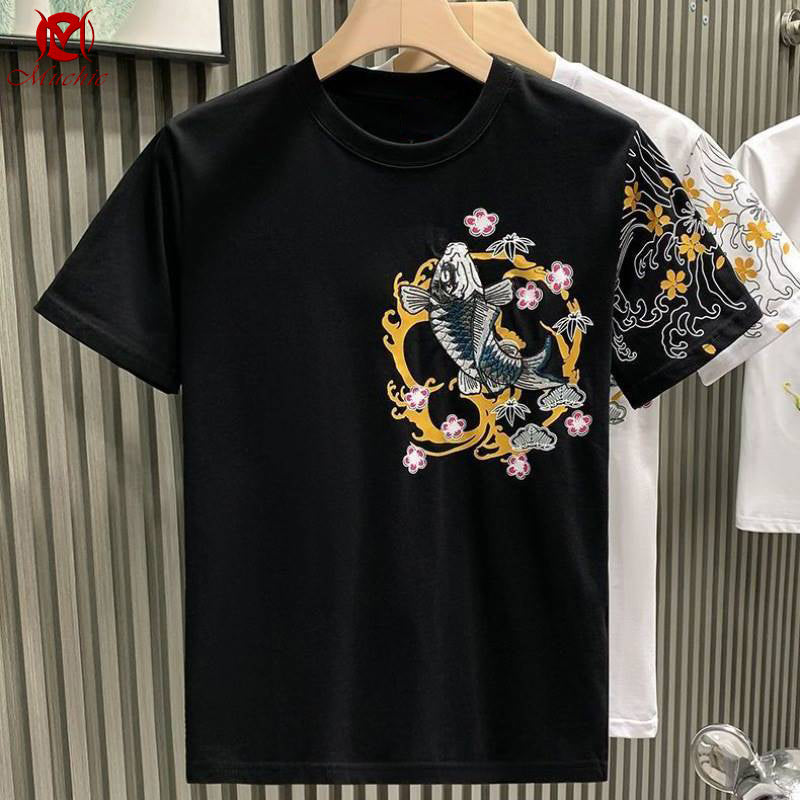 Unisex Intangible Cultural Heritage Koi Carp Embroidery T-shirt(Hand Embroidered) (Duty Free)