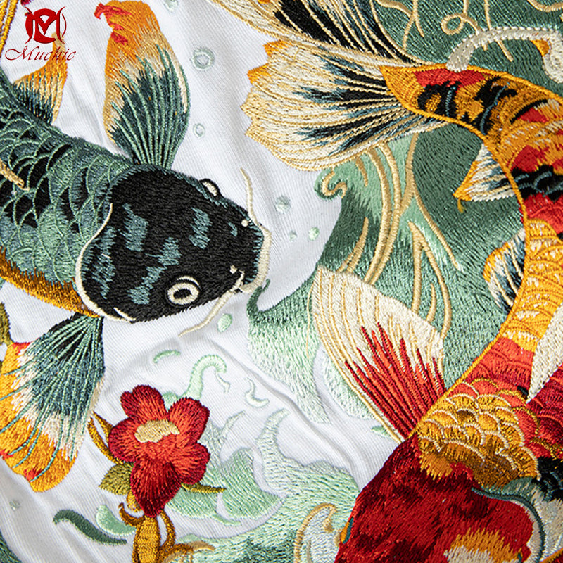 Unisex Intangible Cultural Heritage Koi Carp Embroidery T-shirt(Hand Embroidered) (Duty Free)