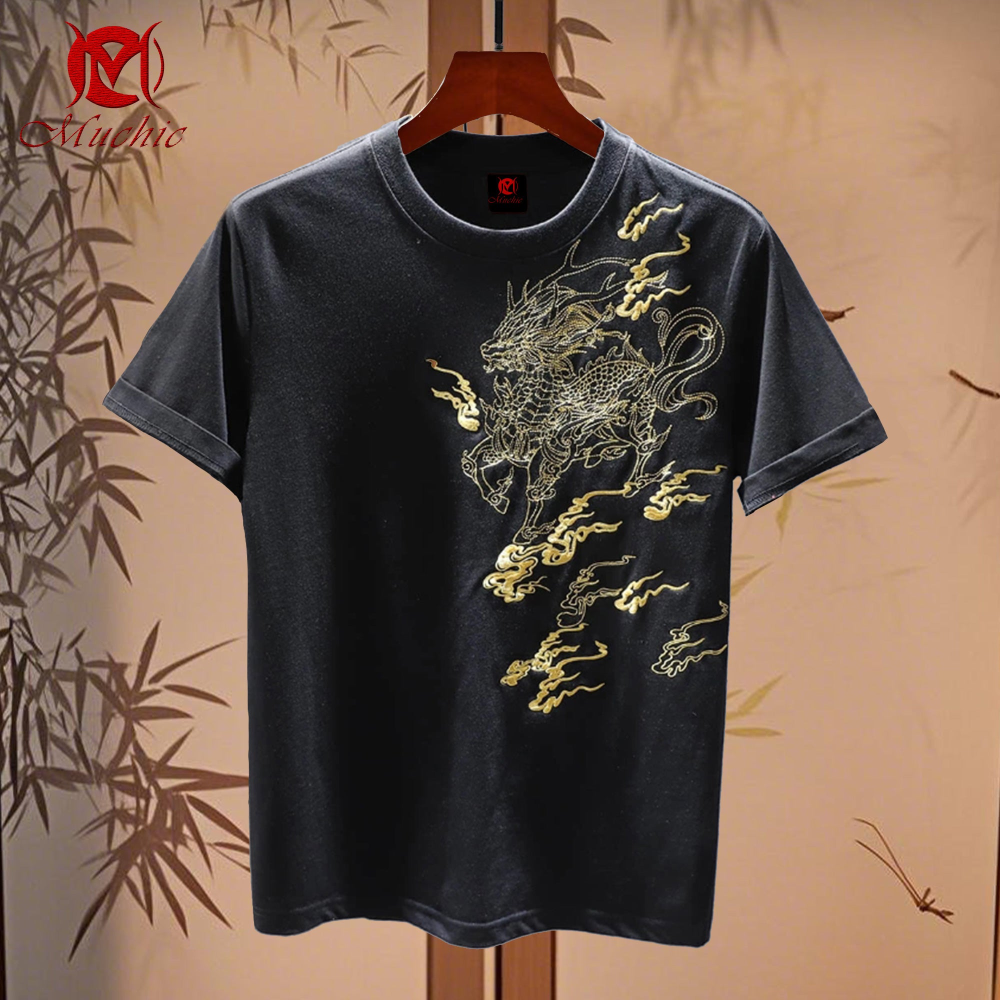 Unisex Intangible Cultural Heritage Kirin Pattern Embroidered T-shirt (Hand Embroidery)(duty free)