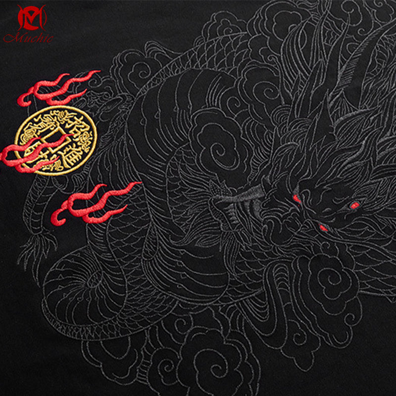 Unisex Intangible Cultural Heritage Copper money Dragon Embroidery T-shirt(Hand Embroidered) (Duty Free)