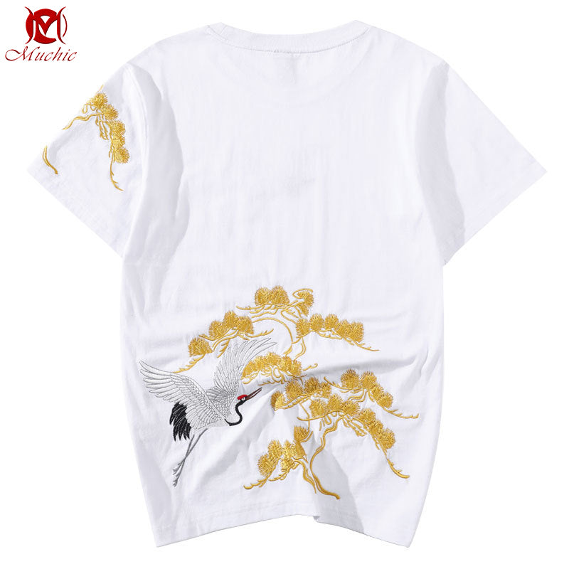 Unisex Intangible Cultural Heritage Red-Crowned Crane Embroidery T-shirt(Hand Embroidered) (Duty Free)