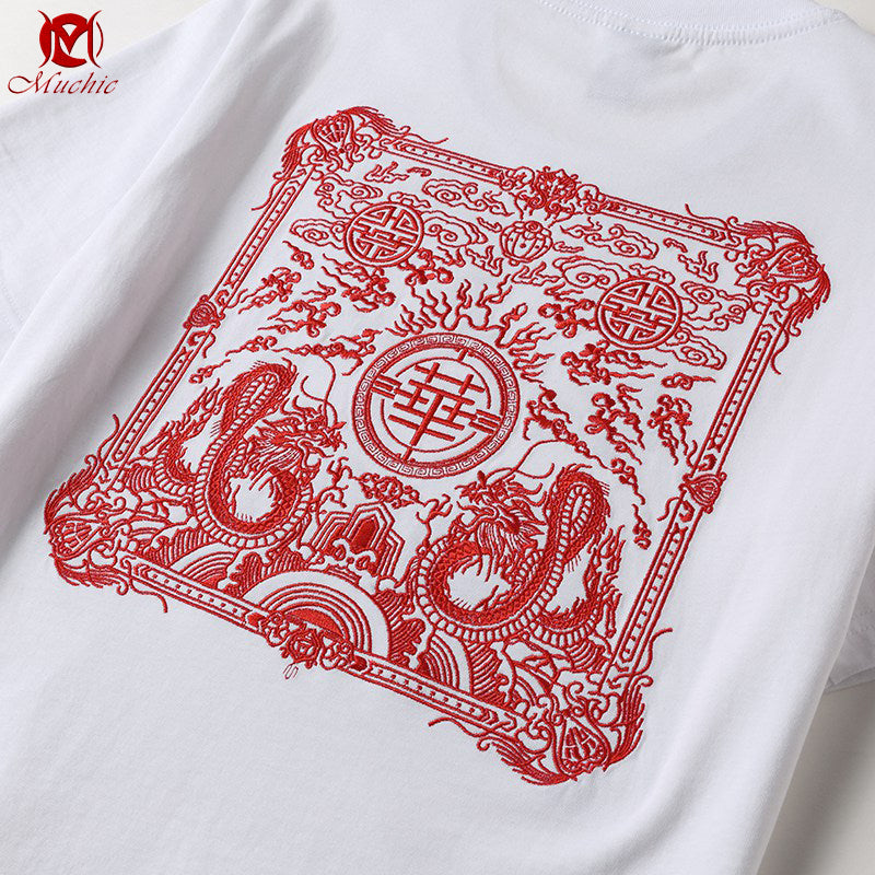 Unisex Intangible Cultural Heritage Propitious Dragon Embroidery T-shirt(Hand Embroidered) (Duty Free)
