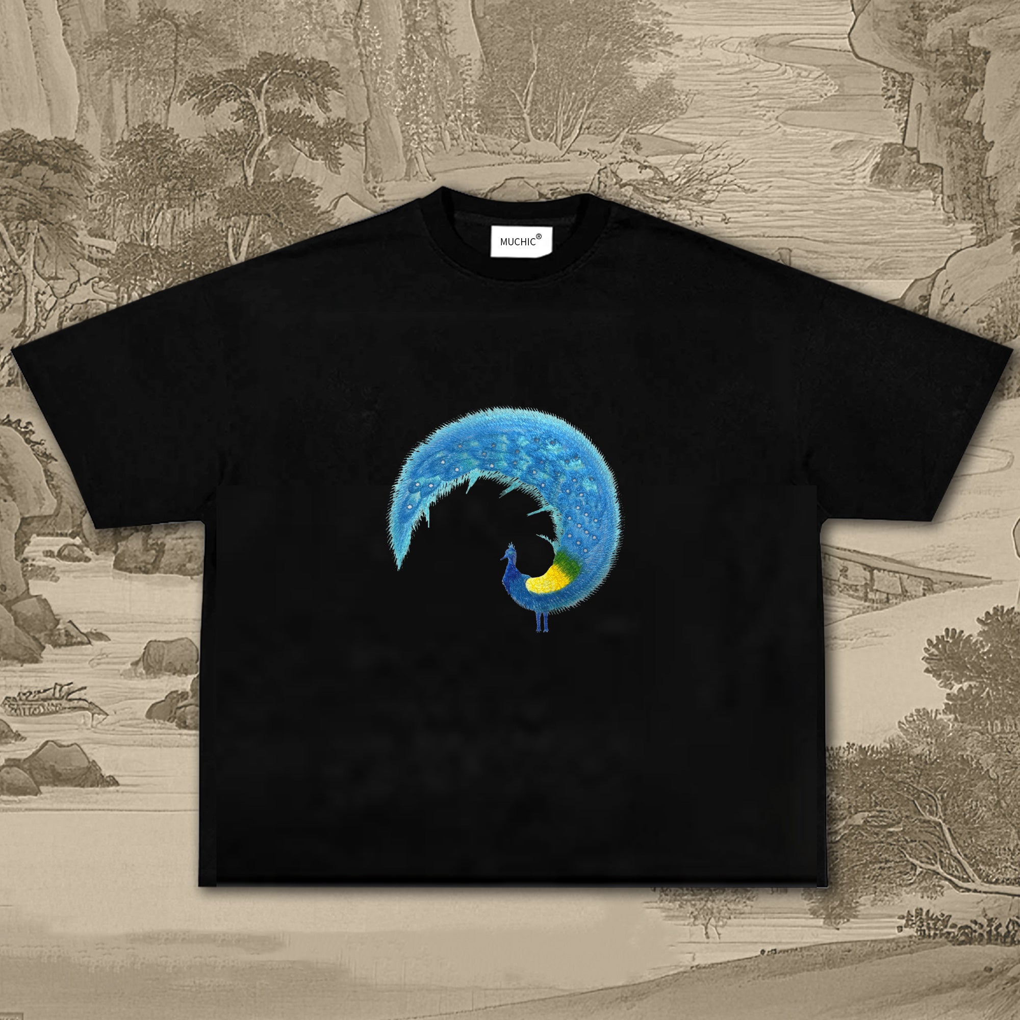 Unisex Intangible Cultural Heritage Blue Peacock Embroidered T-shirt(hand-embroidered)(duty free)