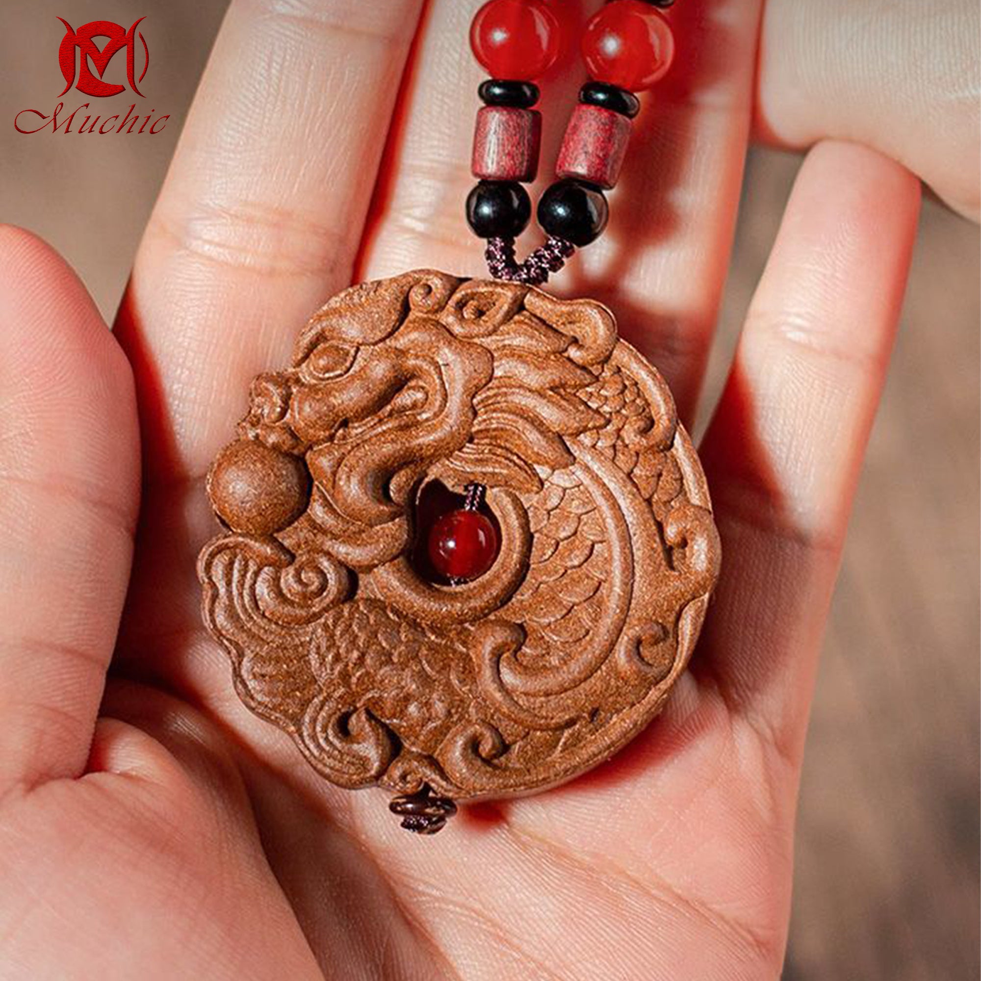 Natural handmade fish turning into dragon double-sided carved incense tag for men and women(duty free)