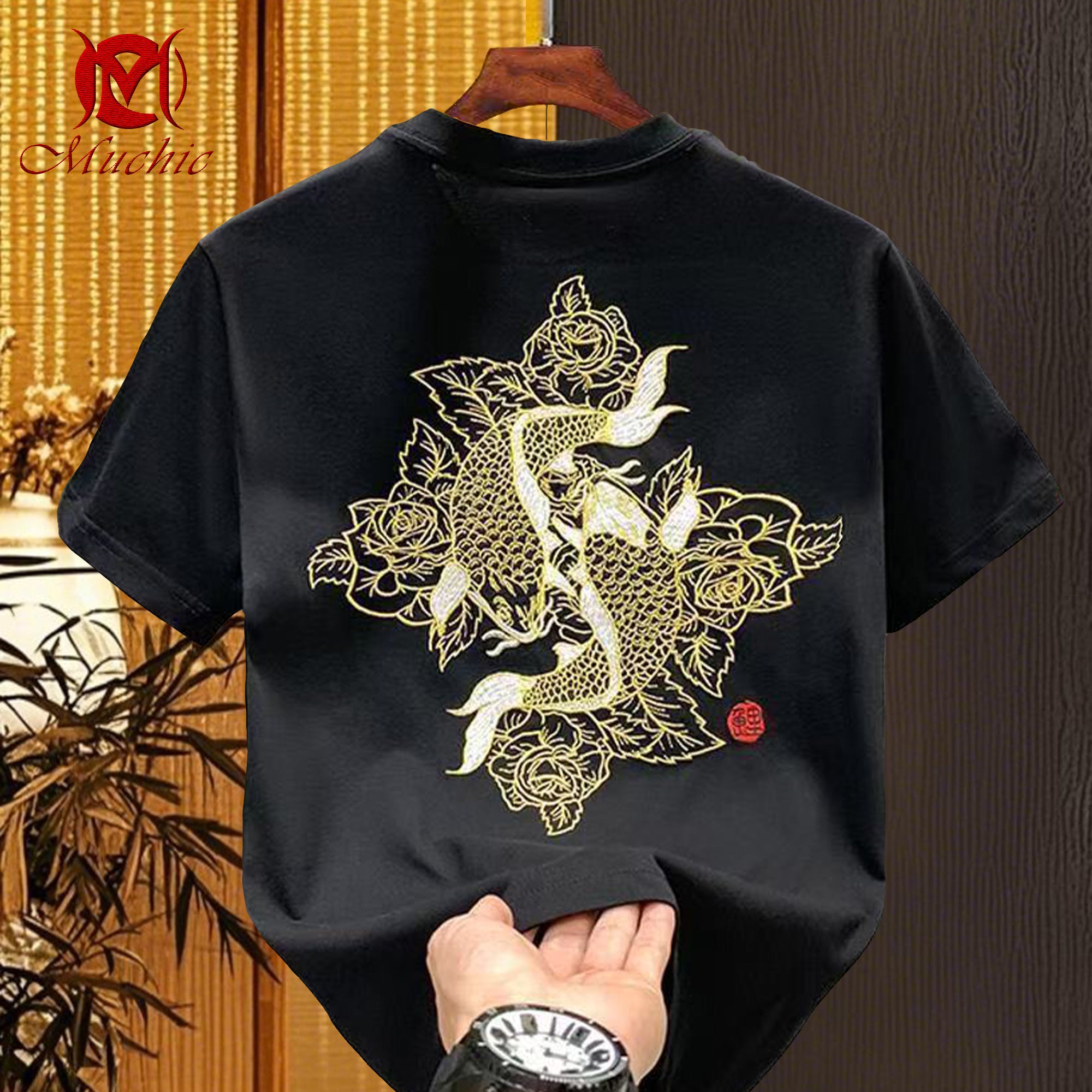 Unisex Intangible Cultural Heritage Twin Goldfish Embroidered T-shirt(Hand Embroidery)(duty free)