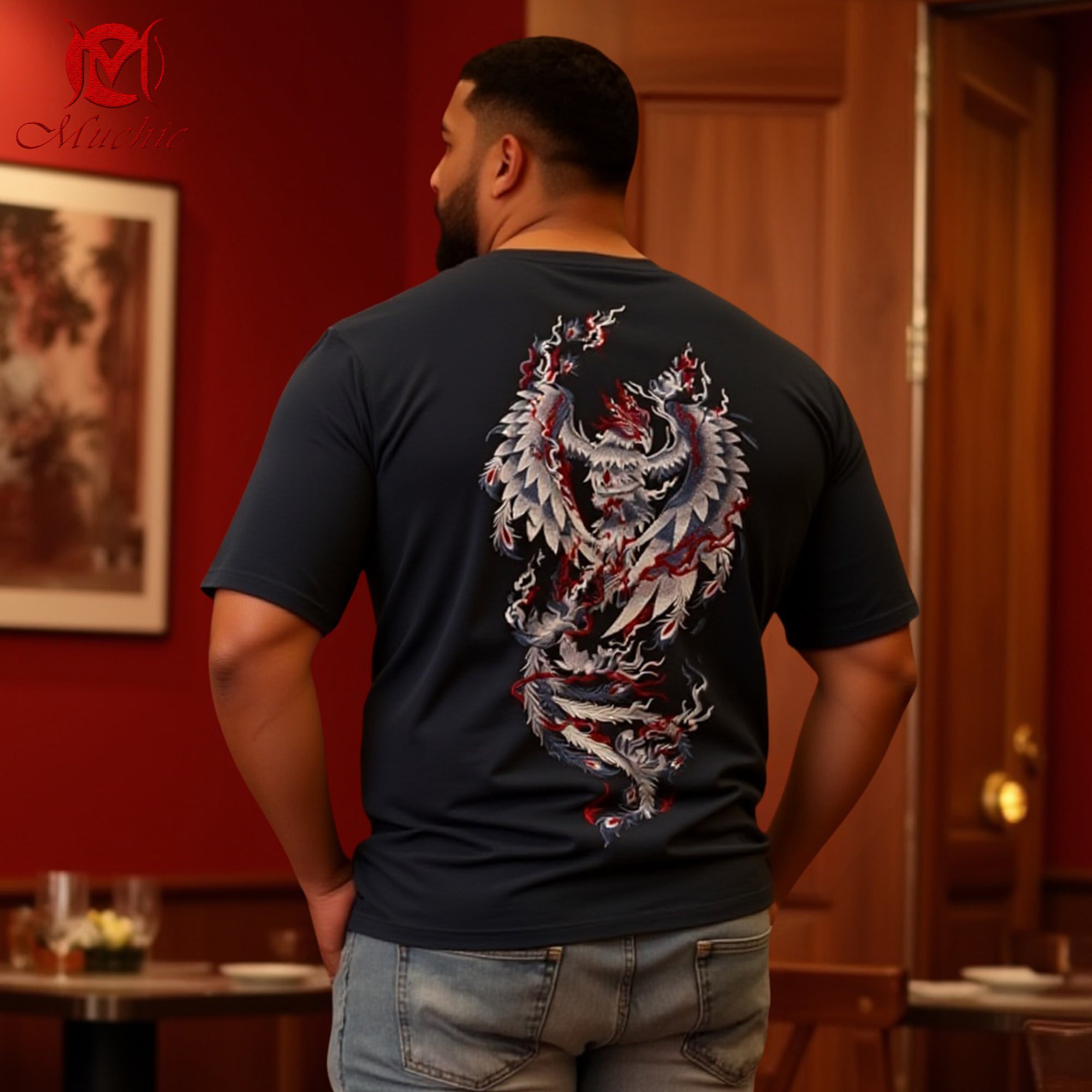 Unisex Intangible Cultural Heritage Phoenix Nirvana Pattern Embroidered T-shirt (Hand Embroidery) (Duty Free)