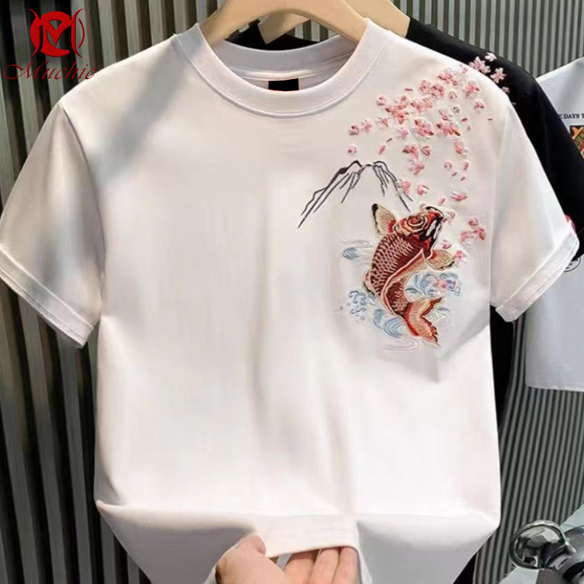 Unisex Intangible Cultural Heritage Goldfish and Cherry Blossom Embroidered T-shirt (Hand-embroidered) (Duty Free)