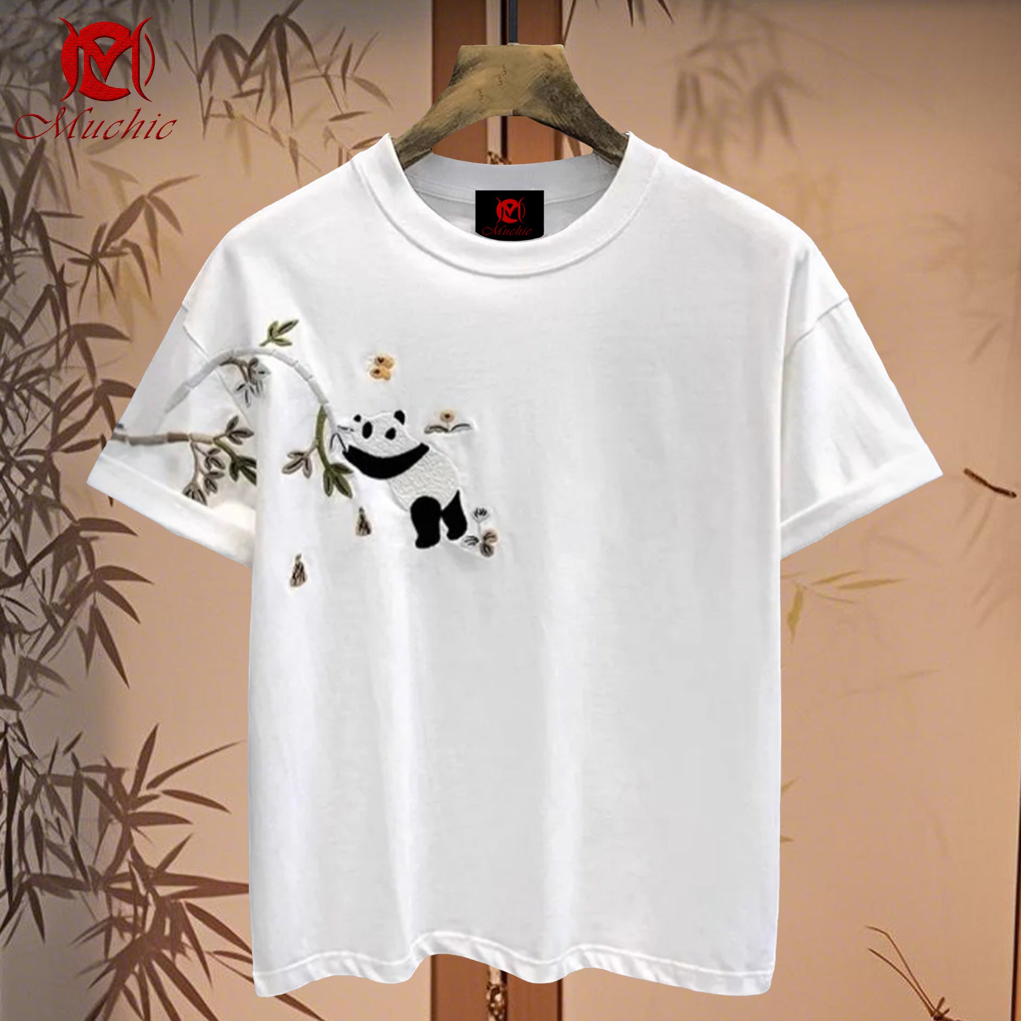 Unisex Intangible Cultural Heritage Panda Bamboo Leaf Embroidery T-shirt (Hand Embroidery) (Duty Free)