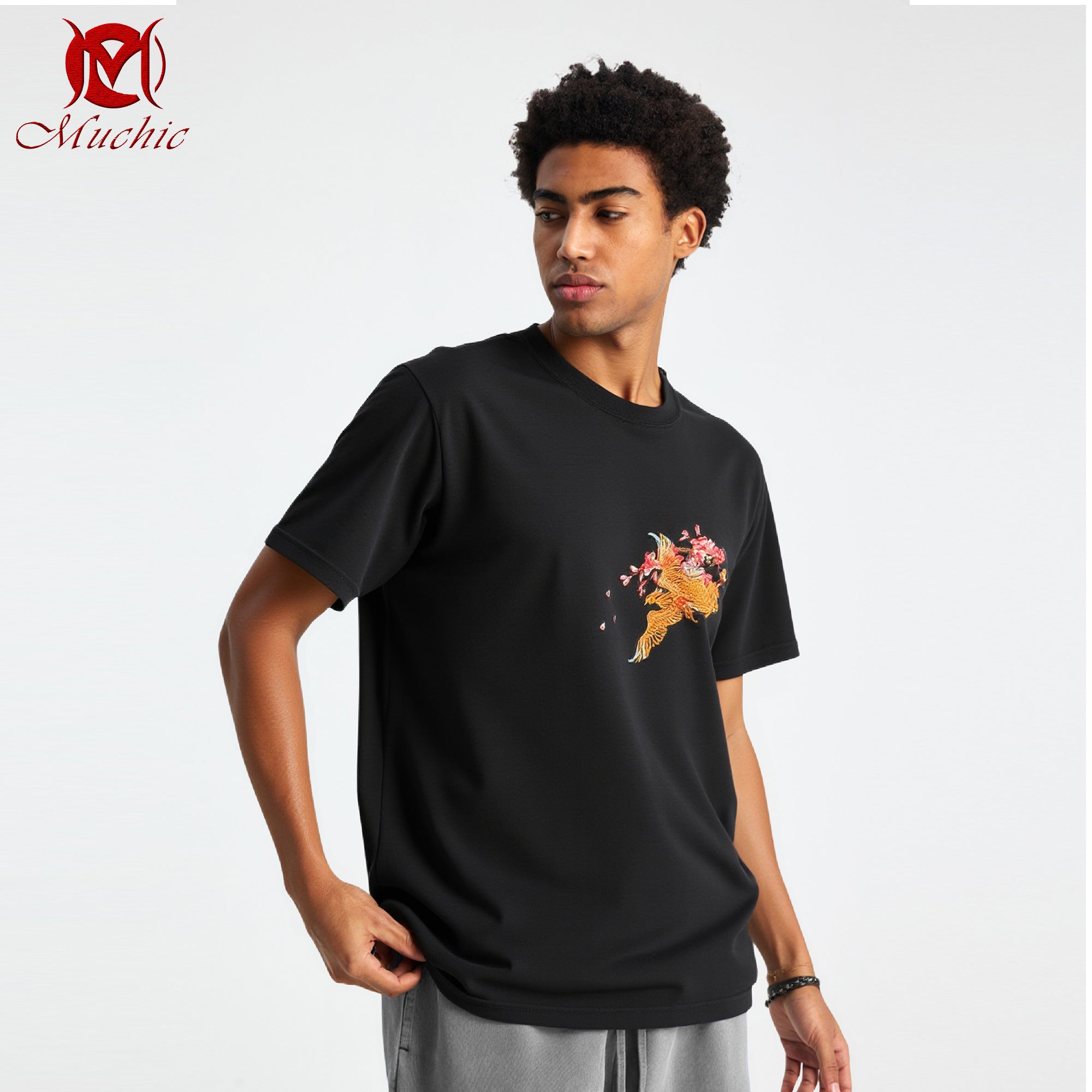 Unisex Intangible Cultural Heritage Double Phoenix Plum Blossom Embroidered T-shirt (Hand-embroidered) (Duty Free)