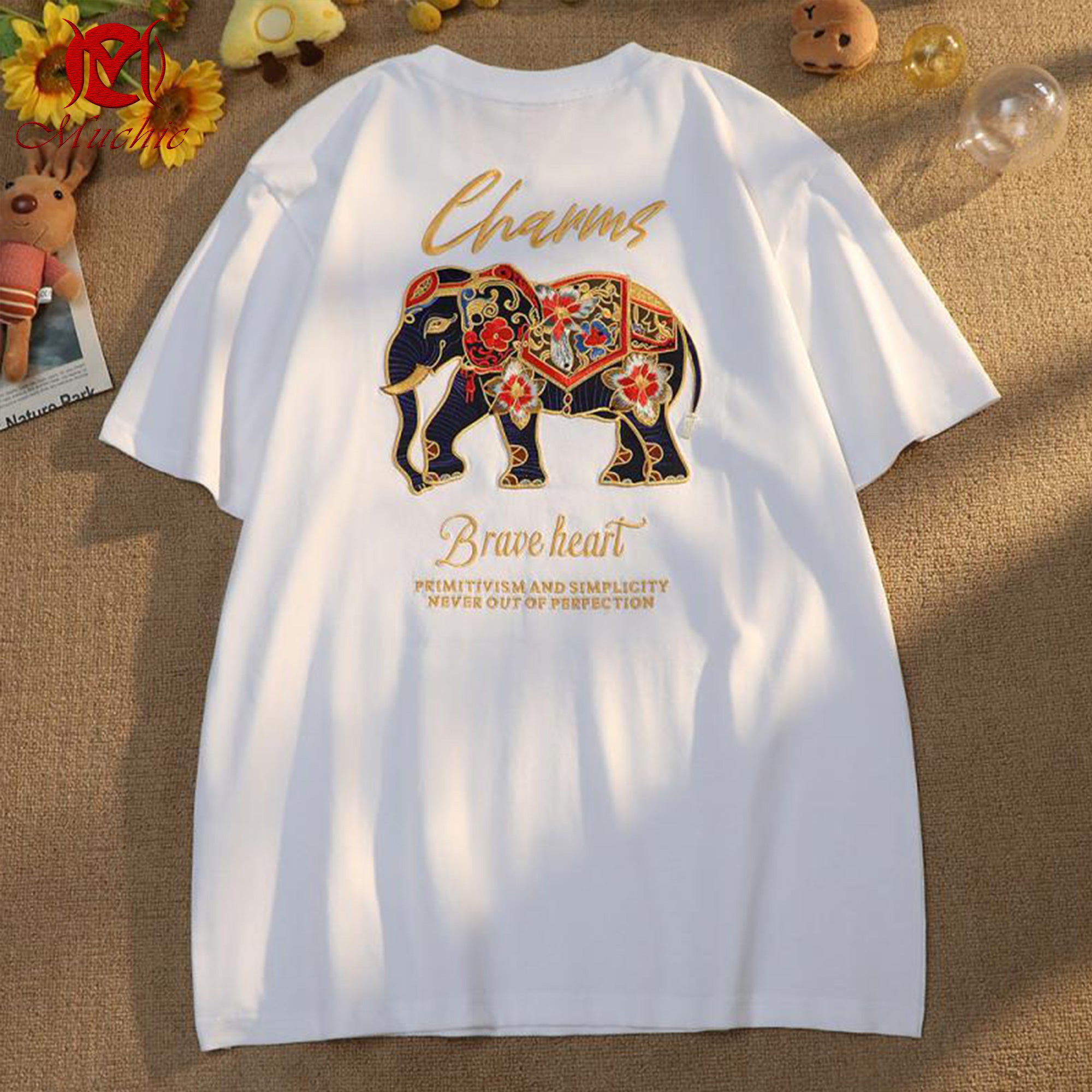 Unisex Intangible Cultural Heritage Elephant Embroidery T-shirt (Hand Embroidery) (Duty Free)