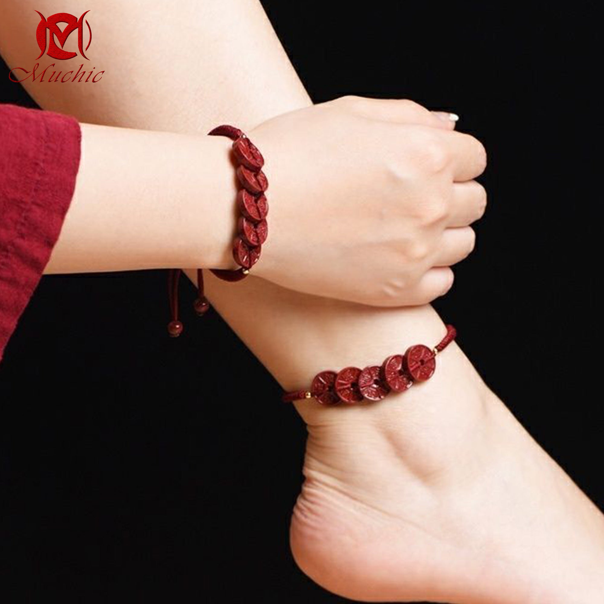 Authentic high content cinnabar five emperors coins red rope anklet(Duty Free)