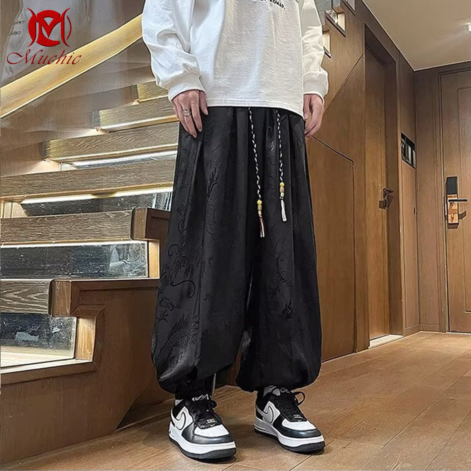 Dragon pattern casual loose trendy Chinese style lantern cuff wide-leg men's pants(Hand Embroidered) (Duty Free)