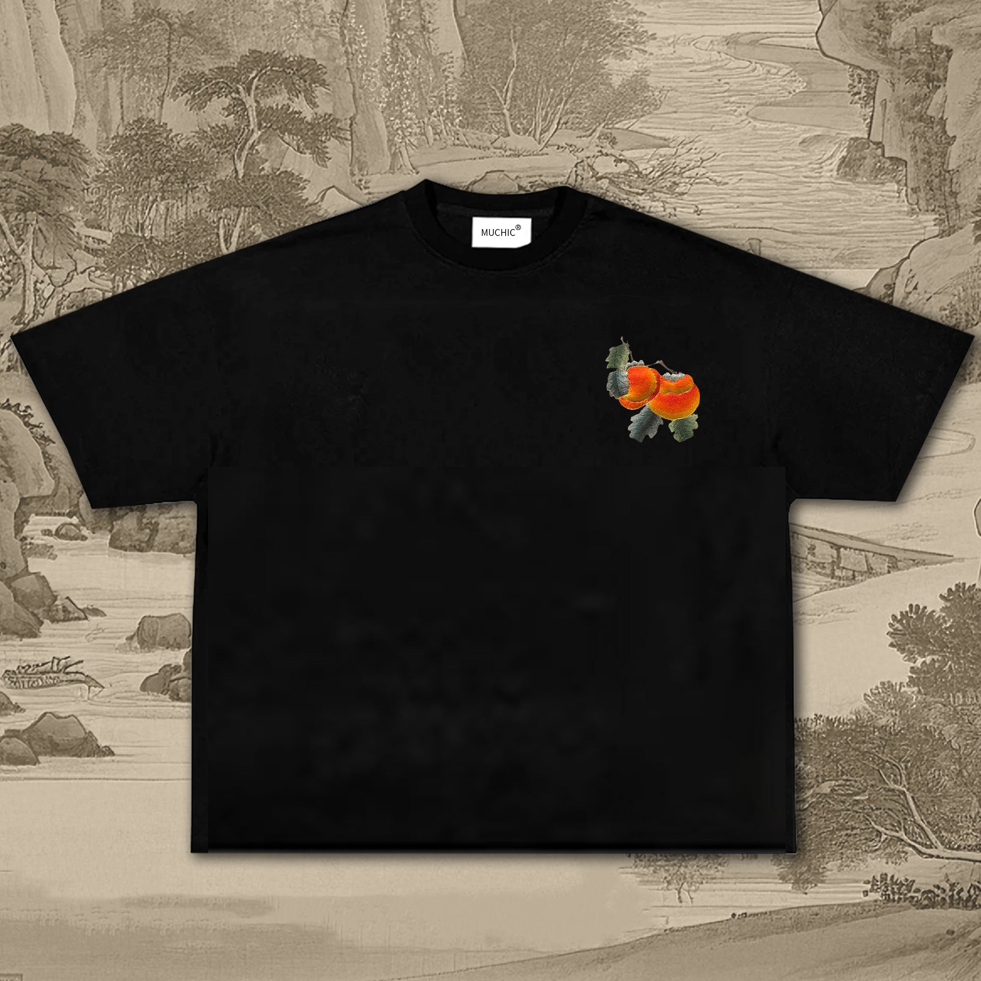 Unisex T-shirt with embroidered intangible cultural heritage persimmon pattern (hand-embroidered)(duty free)