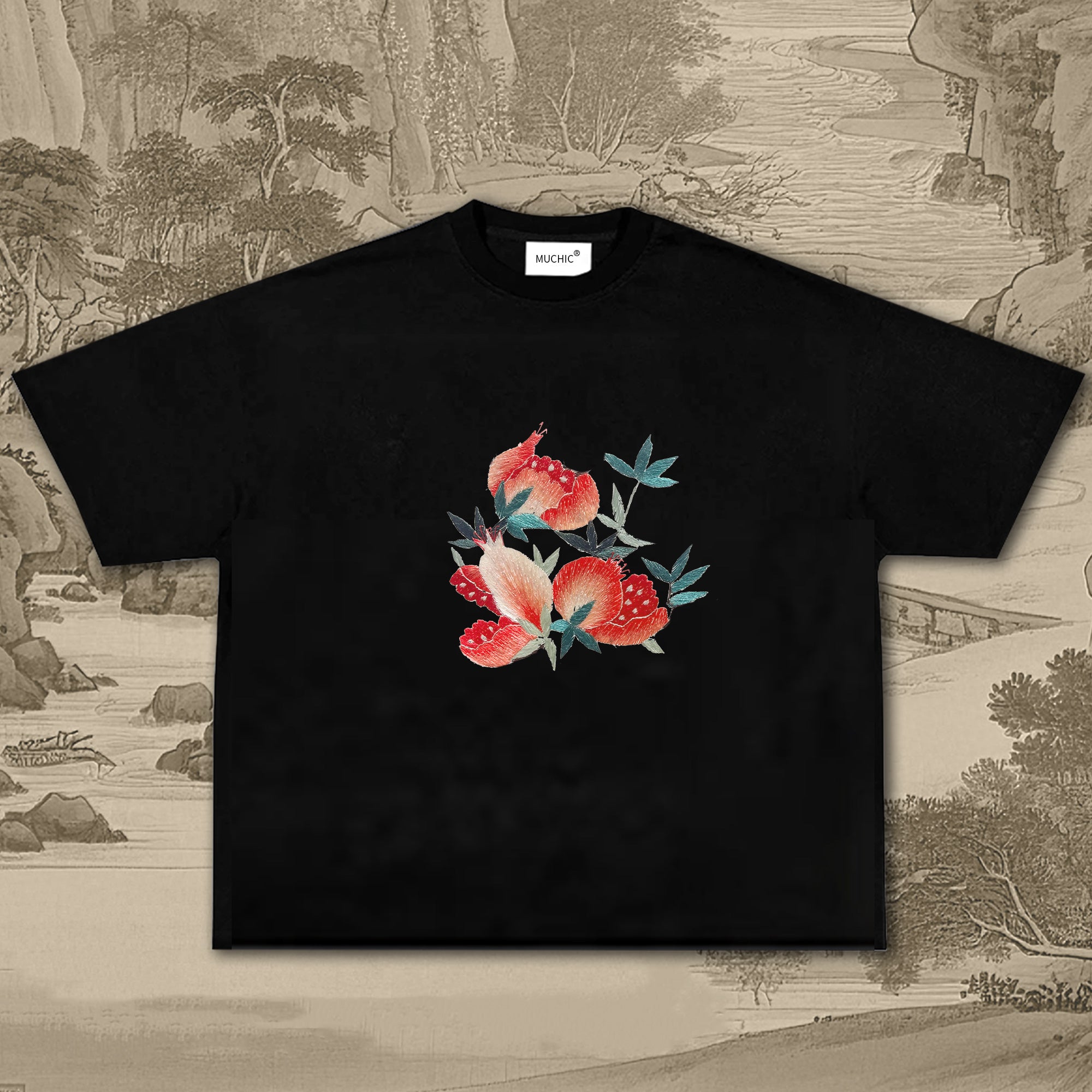 Unisex Intangible Cultural Heritage Three Flowers Embroidery Printed T-shirt (hand-embroidered)(duty free)