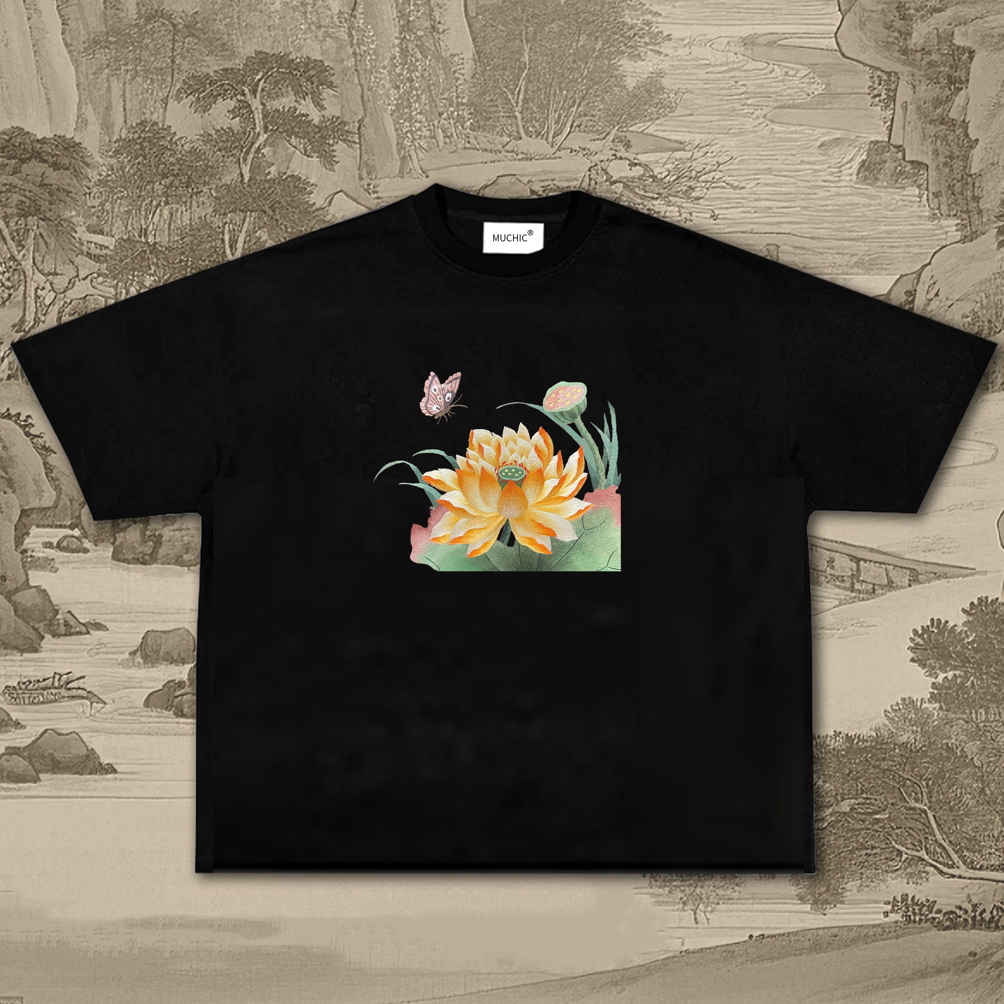 Unisex Intangible Cultural Heritage Golden Lotus Pattern Embroidered T-shirt (hand-embroidered)(duty free)