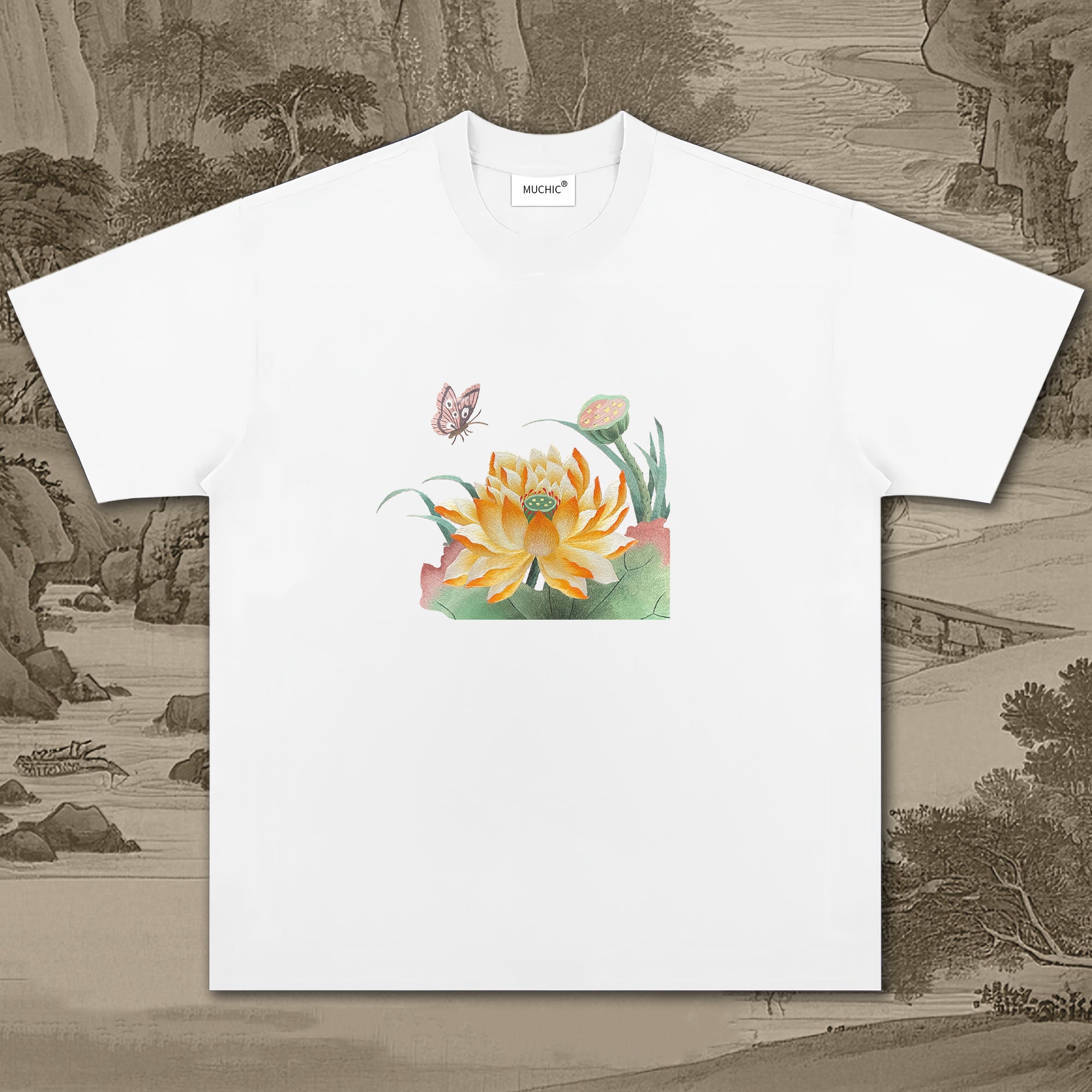 Unisex Intangible Cultural Heritage Golden Lotus Pattern Embroidered T-shirt (hand-embroidered)(duty free)